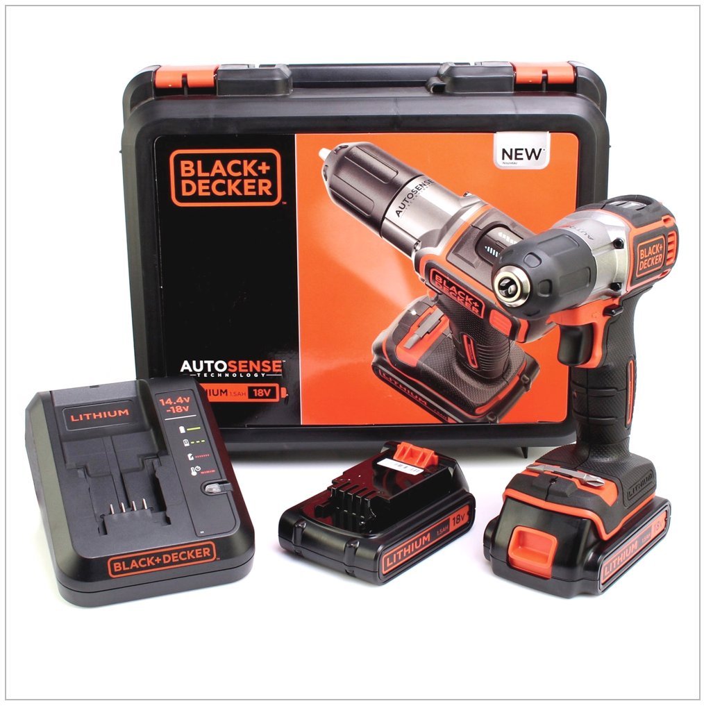 BLACK+DECKER, Trapano/Avvitatore Autosense™ 18V Litio in valigetta con doppia batteria e caricabatterie rapido. ASD18KB-QW