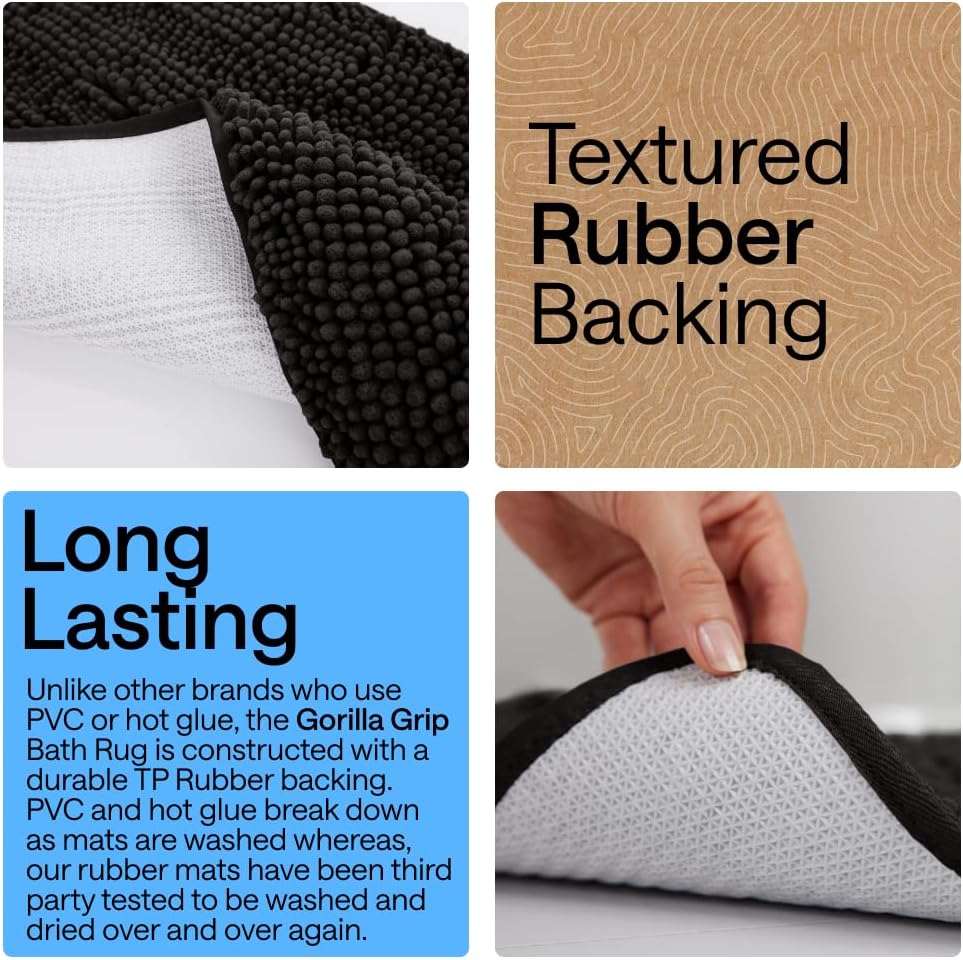 GORILLA GRIP Bath Rug Mat 36x24, Thick Soft Absorbent Chenille, Quick Dry Microfiber Mats, Rubber Backing Washable Shower Floor Rugs, Bathmat Runner, US Designed Bathroom Home Decor Accessories Black