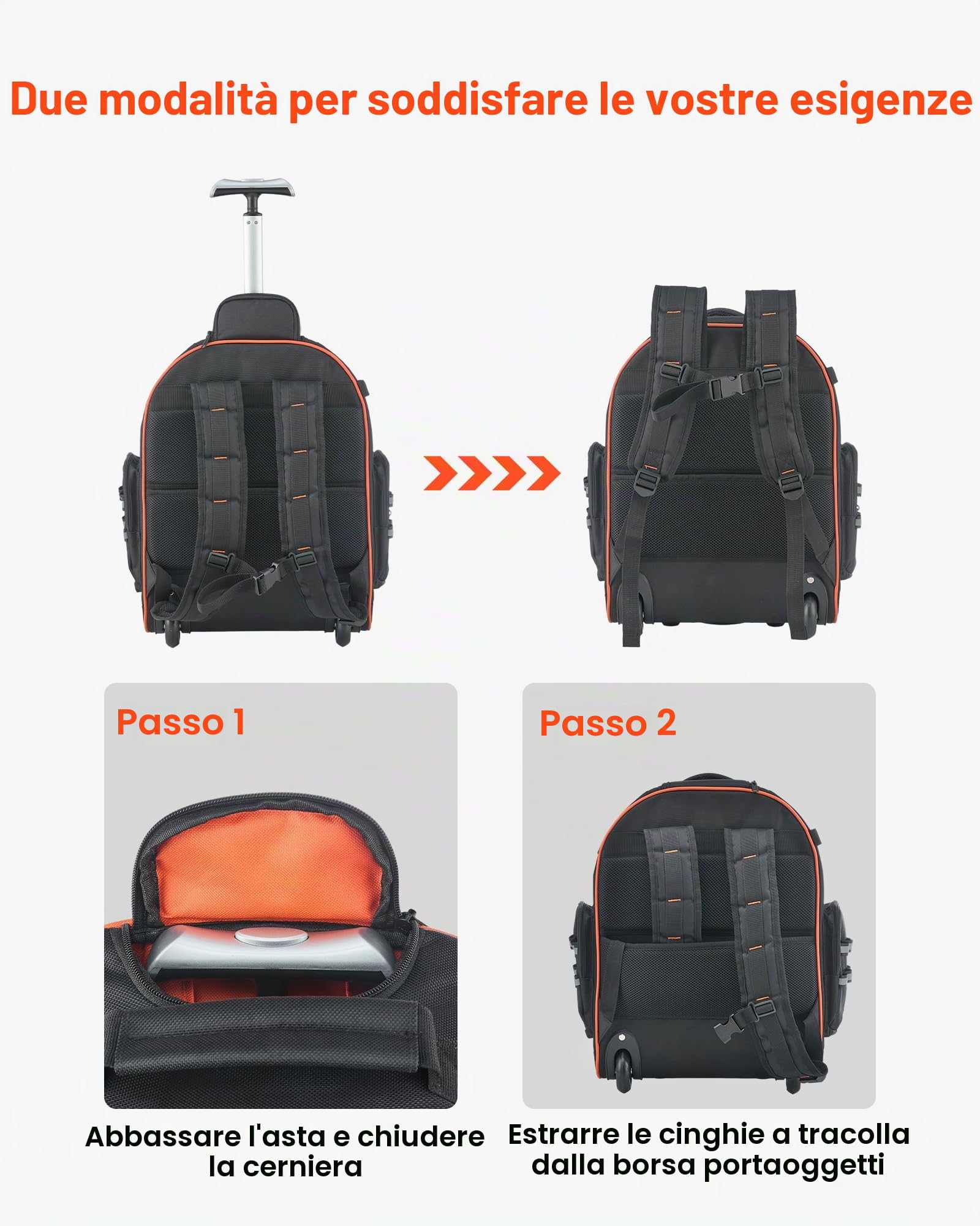 VEVOR Zaino Portautensili con Ruote, Capacità 50 kg, Borsa Portautensili con Ruote da 45 Tasche, Maniglia Telescopica Regolabile e Base Stabile, Organizzatore per Borse per Edilizia, Meccanico