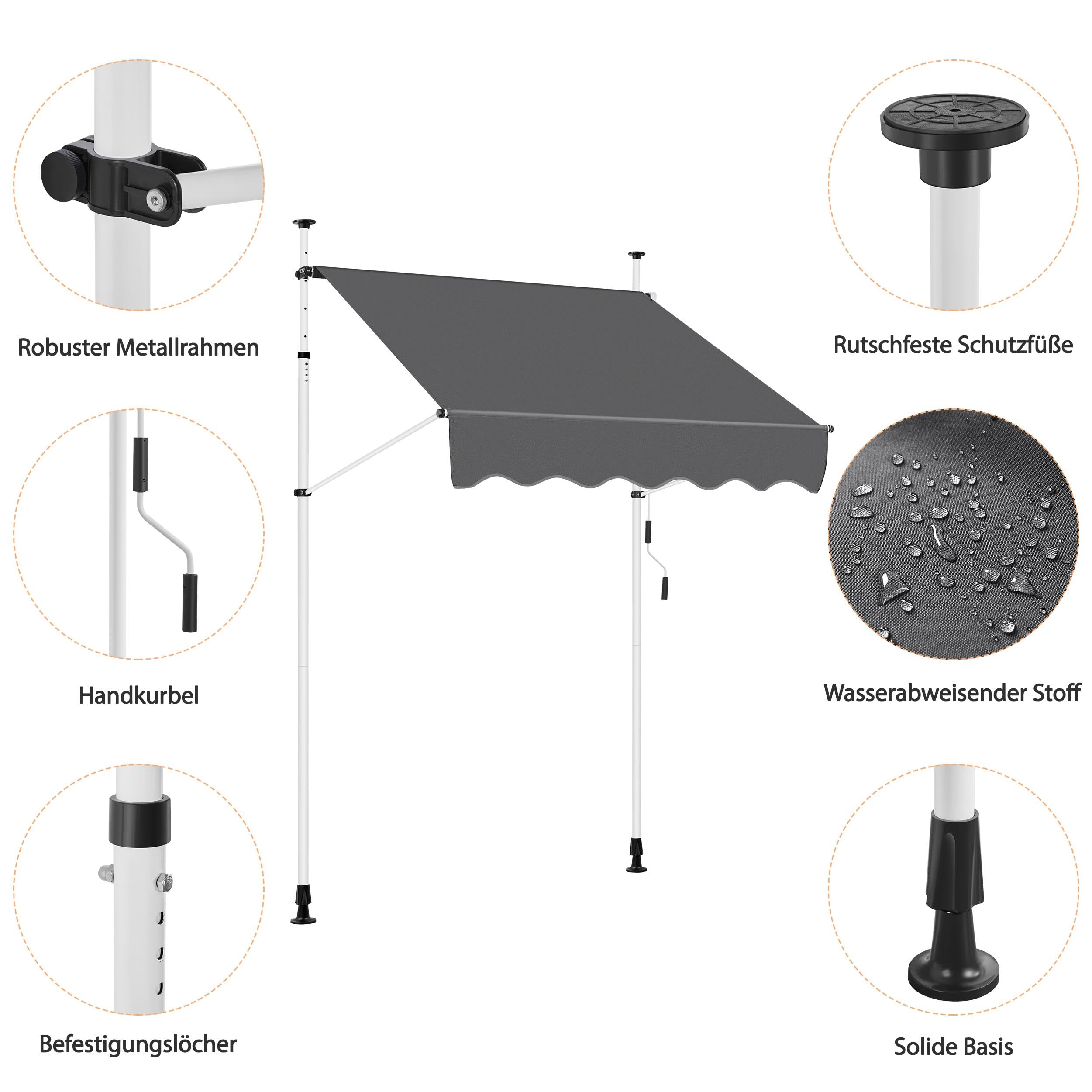 Yaheetech Markiza balkonowa z korbą ręczną, szerokość 150 cm, ochrona przed słońcem, bez wiercenia, markiza z regulacją wysokości, wodoszczelna, ciemnoszara