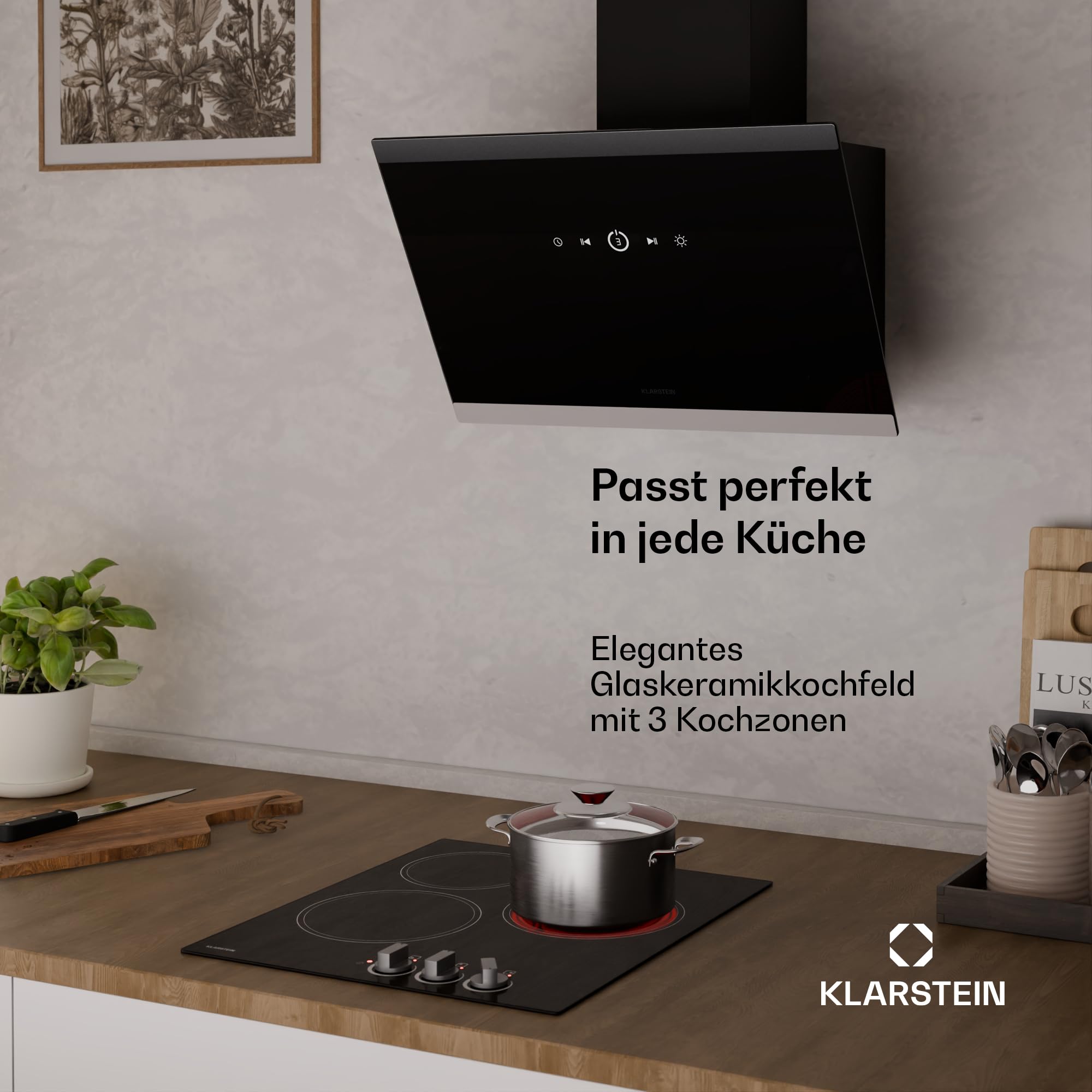 Klarstein Glaskeramik-Kochfeld – 45 cm Glasoberfläche, 3-Zonen-Elektrokochfeld mit Dual-Zone, Drehregler, 4700 W, Restwärmeanzeige & Kindersicherung, leicht zu reinigende Kochfläche