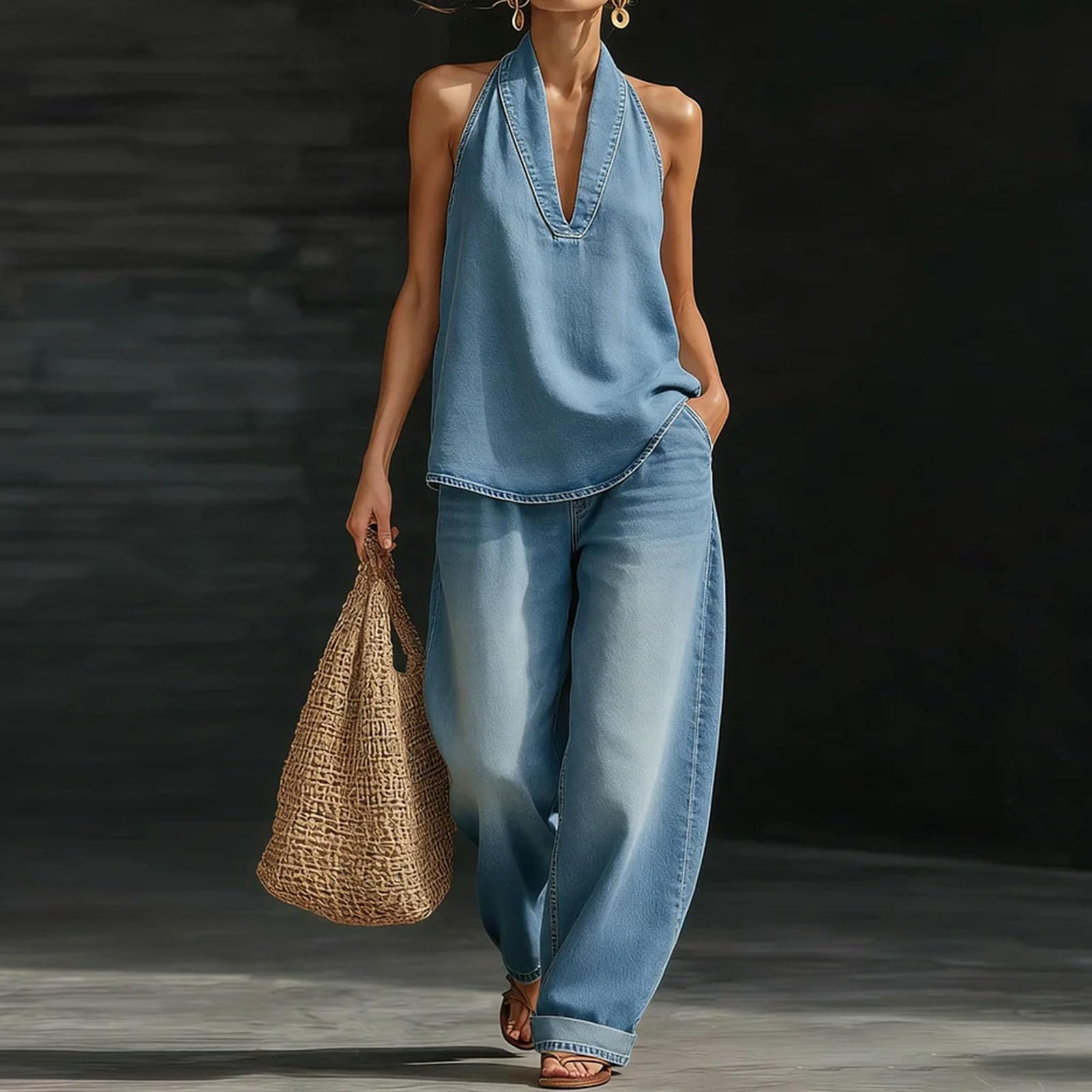 Générique Ensemble Femme 2 Pièces Été Denim, Top Licou Dos Nu Col V et Pantalon Large Fluide, Tenue Chic Bohème Moderne pour Vacances et Quotidien, Coupe Ample et Légère avec Poches