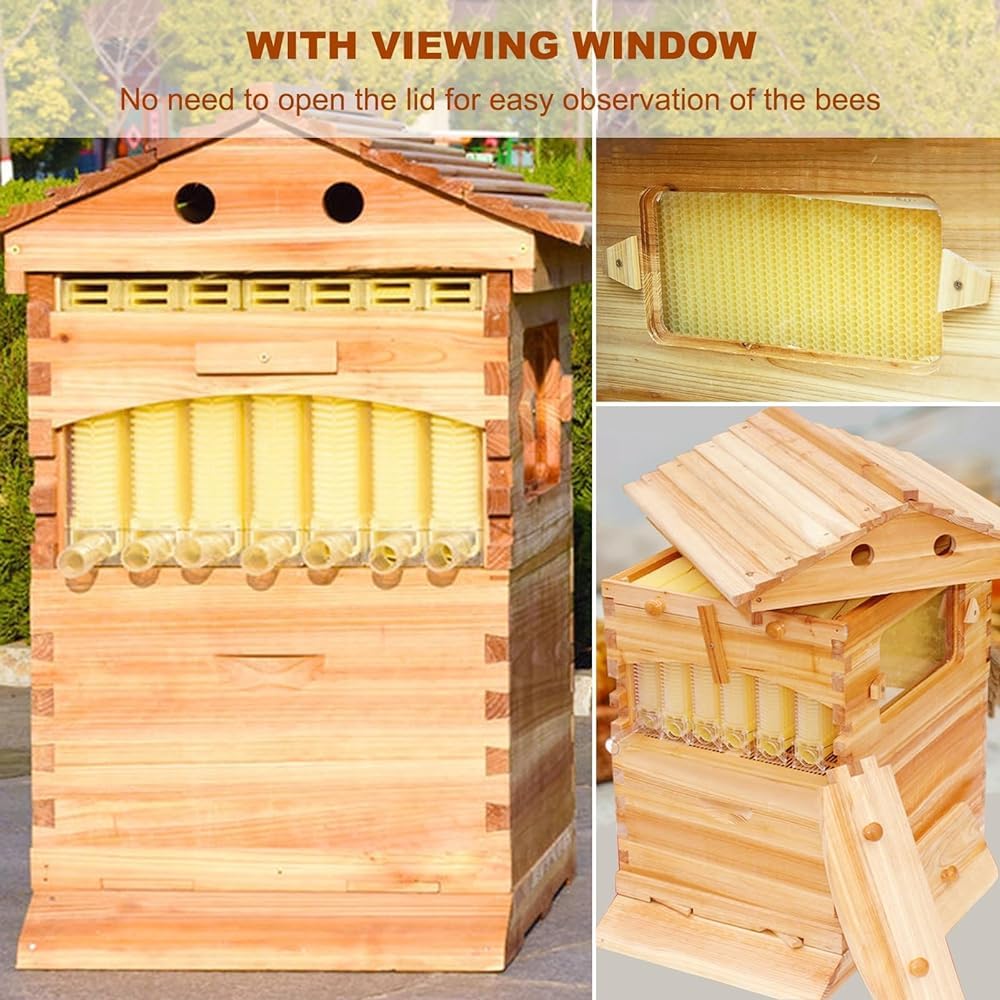 Beehive - Kit de colmena automático de madera con 7 panales y marco de calidad alimentaria sin BPA para principiantes y apicultores profesionales