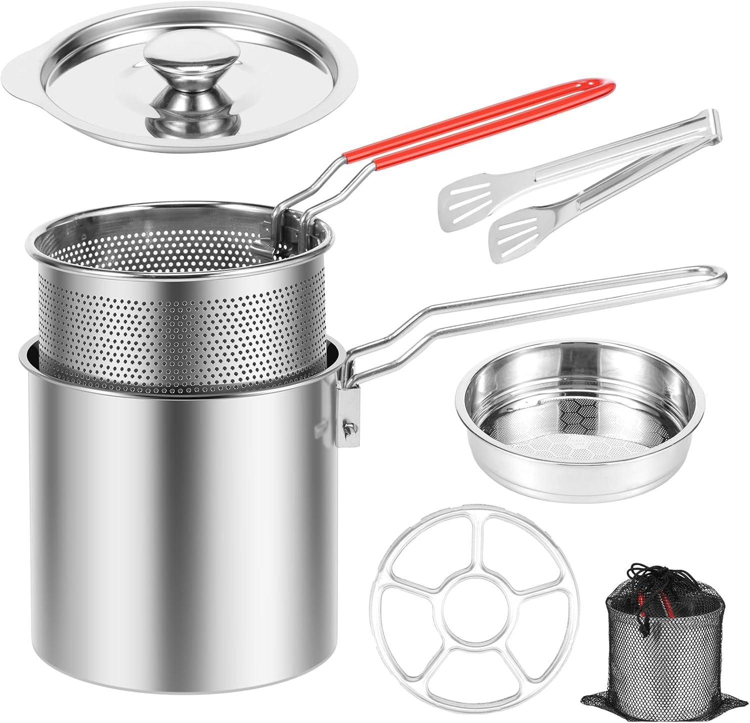 Deep Fryer Pot with Strainer Basket Stainless Steel Deep Frying Pot with Handle Good Heat Conductivity Oil Fryer Pot Portable Deep Frying Oil Container (Style3)