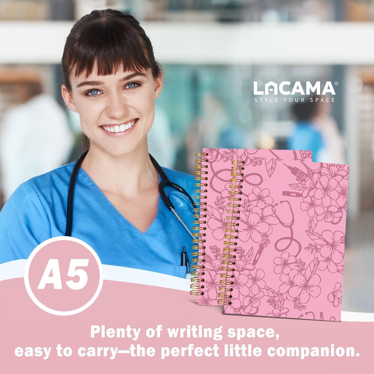 Lacama Nurse Gifts for Women, Gifts for Nurses, Pink Nursing Notebook for Work, Christmas Appreciation Gifts, Nursing Student Gift, A5 Stethoscope Flower Nurse Notebook, Office School Supplies - Image 2