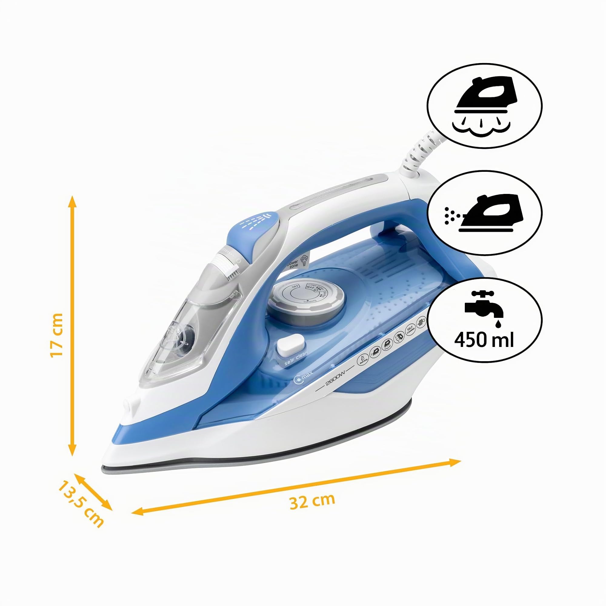 TZS First Austria - Ferro da Stiro a Vapore 2600W - 450ml - 91 Fori Vapore - 35g/min Vapore & Supervapore 1g - Piastra in Ceramica - Anti-Calcare, Vapore Verticale & Autopulizia - Blu