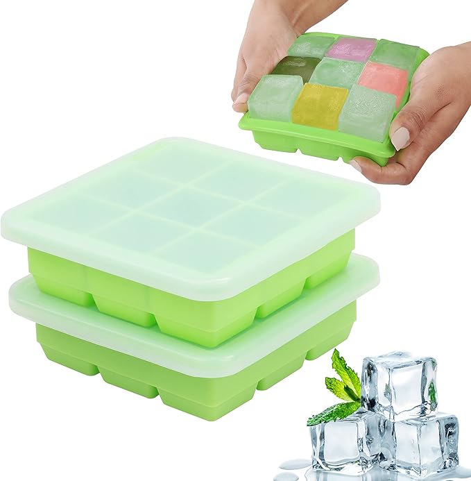 Vassoio Svezzamento Neonati In Silicone - 9 Scomparti Da 75ml Con Coperchio E Cucchiaio (Verde) - Foto 9