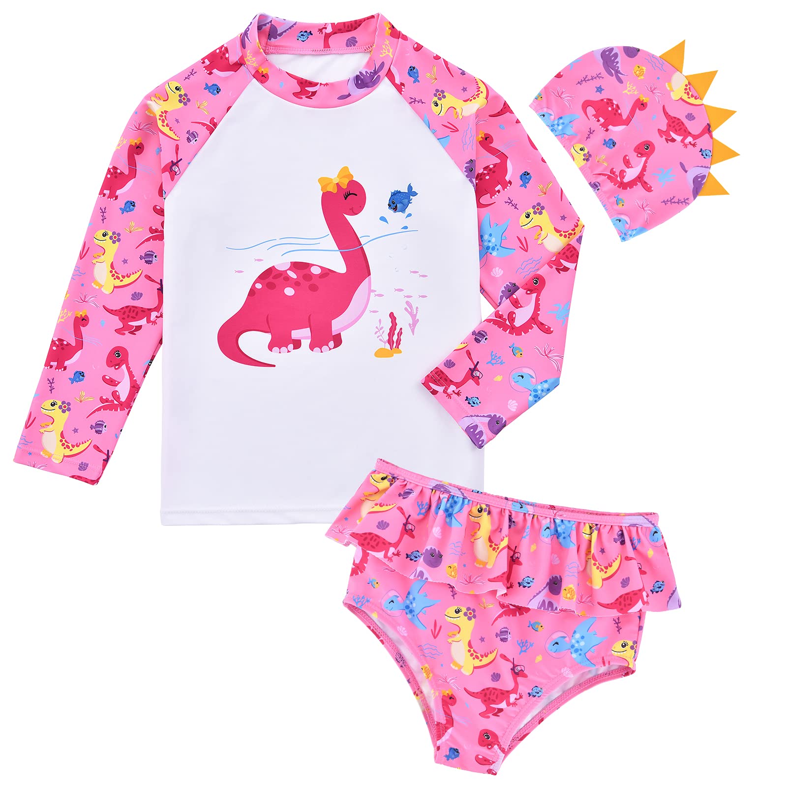 WAWSAMBaby Toddler Girls Swimsuit Set Dinosaur Swimming Rash Guard with Hat