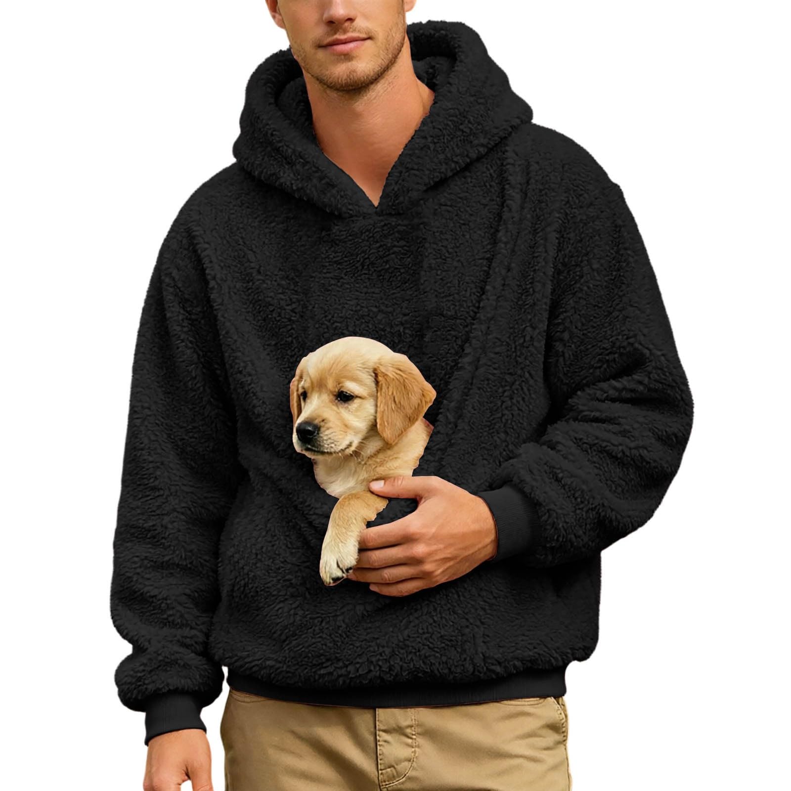 Men's Pet Carrier Hoodie Kangaroo Pocket Sweatshirt for Cat & Dog Fleece Lined Pullover Long Sleeve Drawstring Carry Pouch For Small And Cats,Puppy Kitten Dogs Holder Black