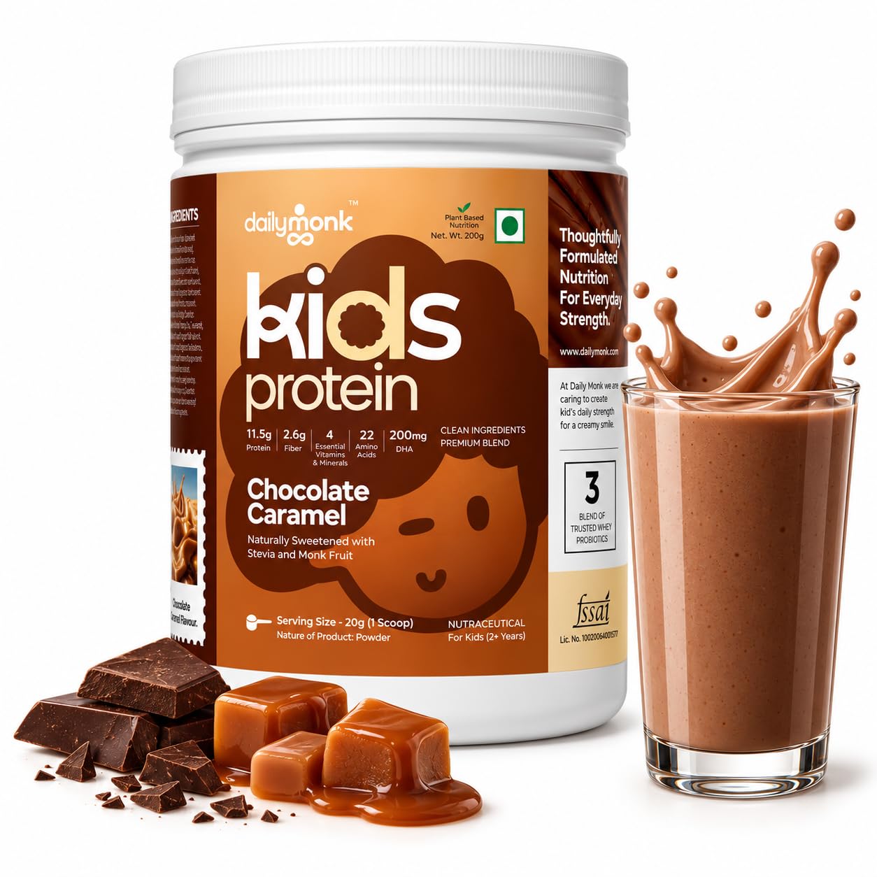 DailyMonk Kids Nutritional Powder Chocolate Caramel (7+ Years) | 11.5g Protein | 22 Vitamins & Minerals | 200mg DHA | Probiotics | Plant-Based | Prebiotic Fiber | Sweetened with Stevia & Monk Fruit | Gut-Friendly | 400g — Amazon image 10