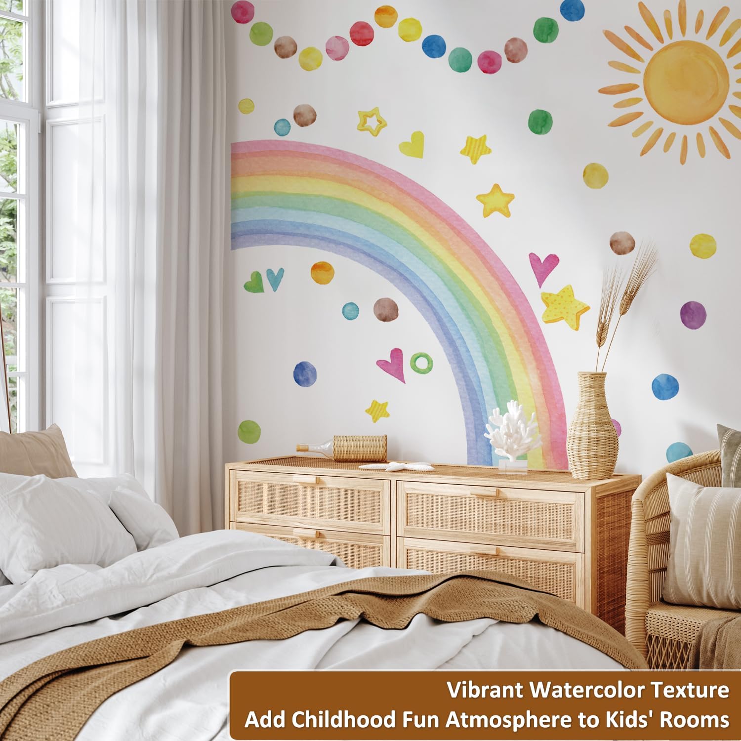 Large Rainbow Sun Wall Decals Peel and Stick, Vibrant Colorful Rainbow Polka Dots Stars Heart Wall Stickers, Whimsical Rainbow Wall Art Decor Murals for Baby Nursery Girls Bedroom Living Room