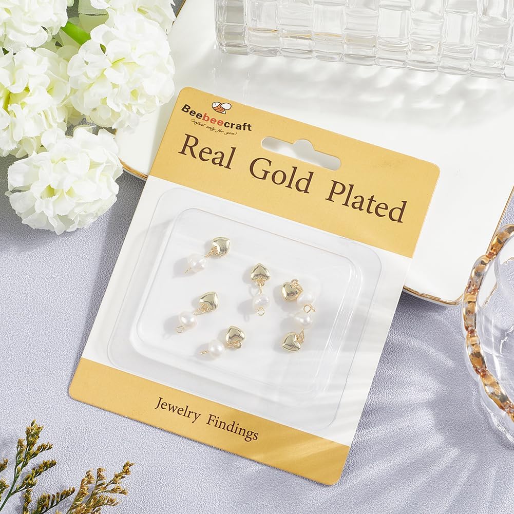 Beebeecraft 1 Box 6Pcs Dangle Heart Charms with Nature White Pearl 18K Gold Plated Small Long Charm for Jewelry Making DIY Crafts Necklace Decoration Valentine's