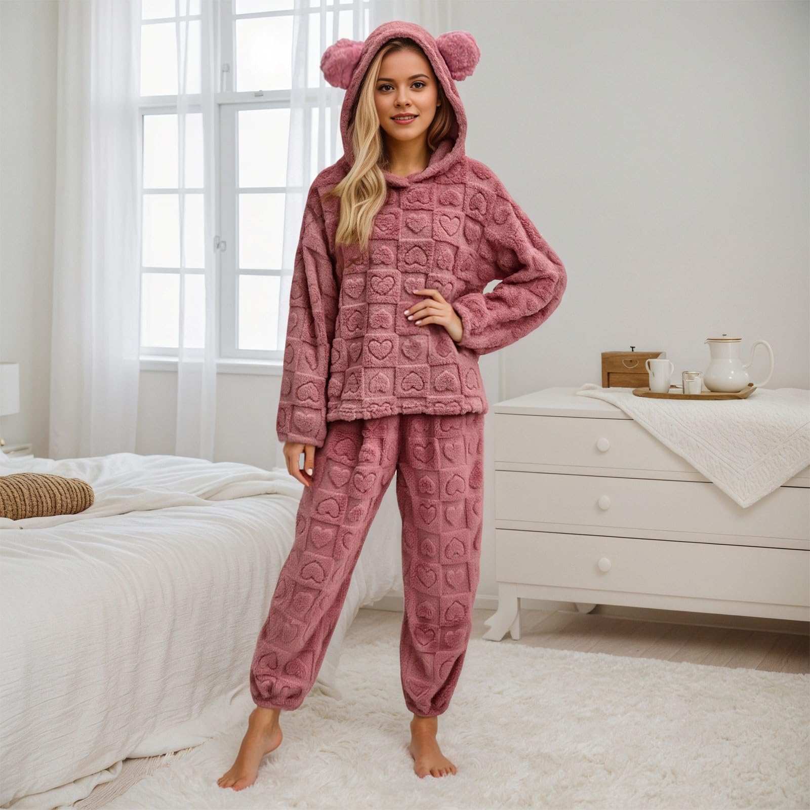 Generisch Pijama largo de franela para mujer, con forro polar, térmico, de manga larga, de rizo, de dos piezas, ropa de dormir cómoda con orejas adorables