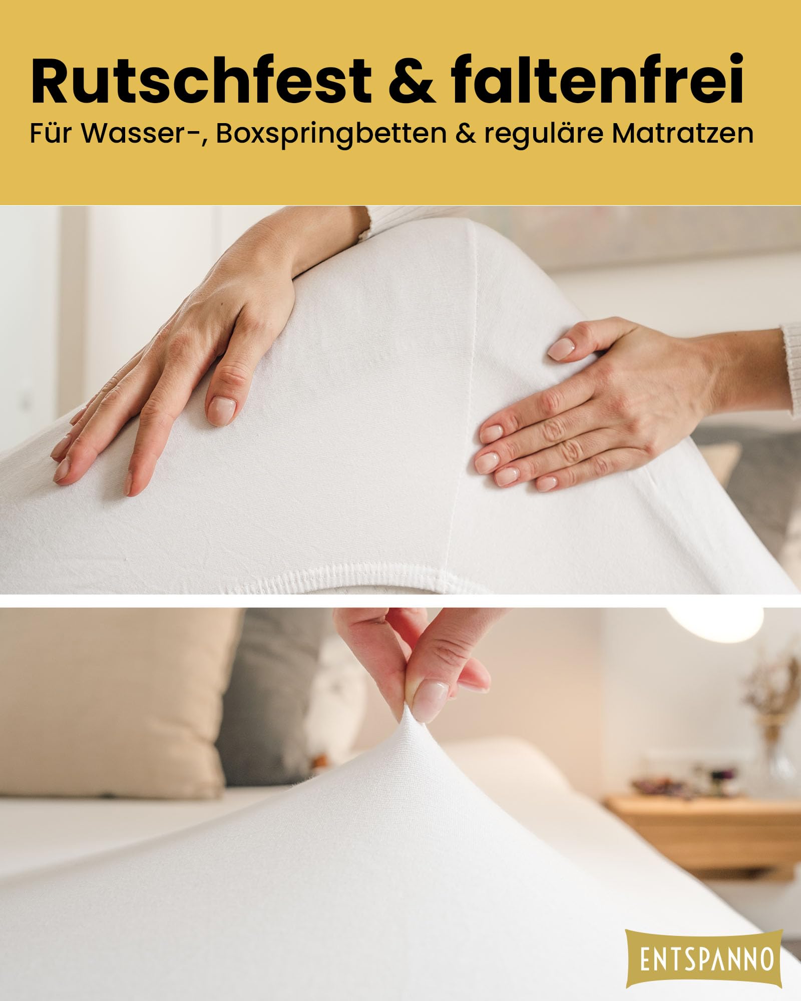 ENTSPANNO Luxus Spannbettlaken 140x200 bis 160x220 cm - Aus weichem Premium Jersey - auch ideal für Wasser- u. Boxspringbett bis 35cm Höhe - Weiß