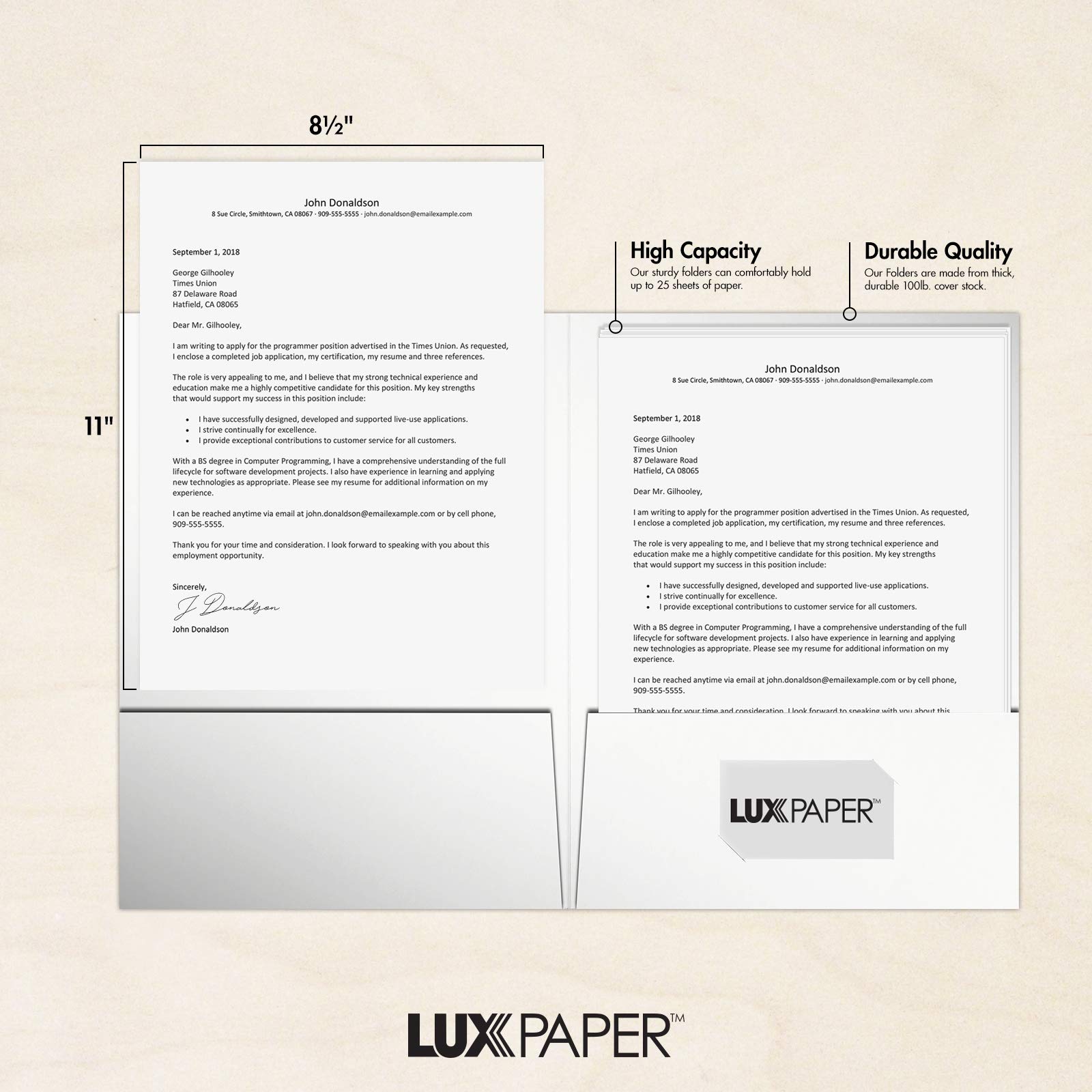 LUXPaper Präsentationsmappen, 22,9 x 30,5 cm, 2 Fächer, Weiß, glänzend, 14 Stück, 50 Stück