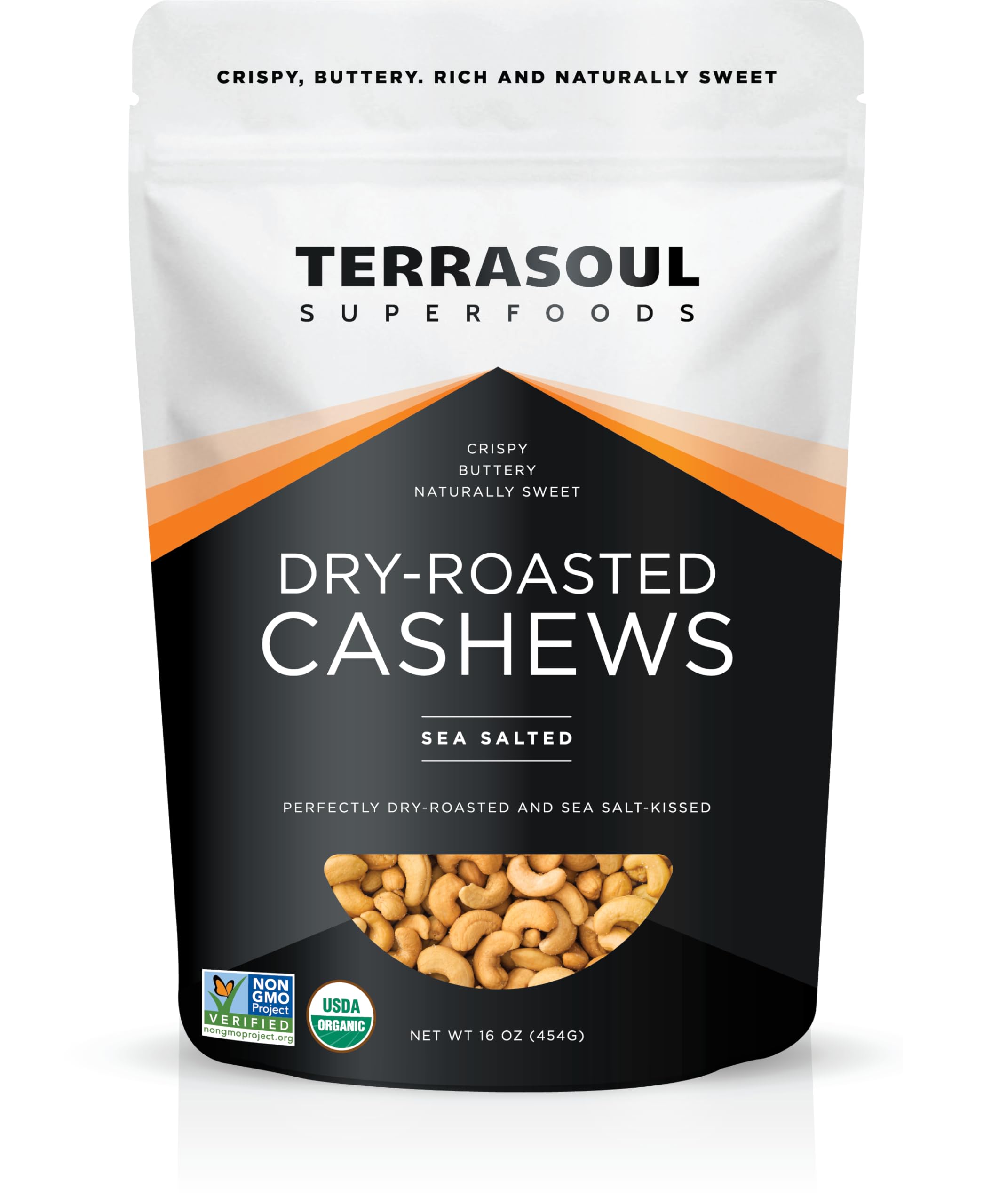 Terrasoul Superfoods Organic Dry-Roasted & Lightly Salted Cashews, 16oz Resealable Pouch - Perfect for Snacking, Baking, and On-the-Go Fuel