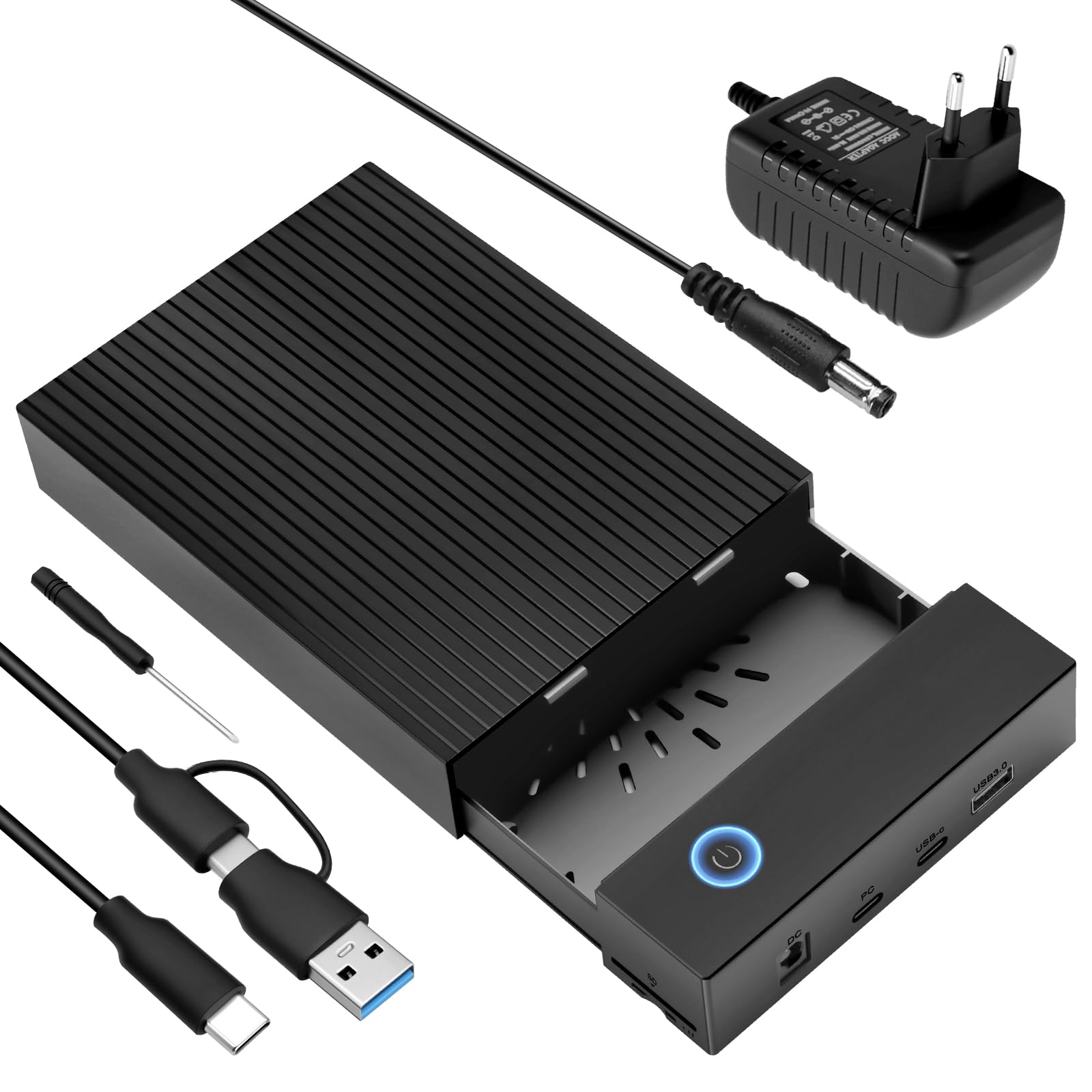 Festplatten-Adapter 6Gbps USB C/USB 3.0 SATA HDD Festplatten Dockingstation, Festplatten Docking Station für 2,5/3,5 Zoll SATA HDD/SSD, Unterstützt SD&TF Karte mit 12V/2A Netzadapter