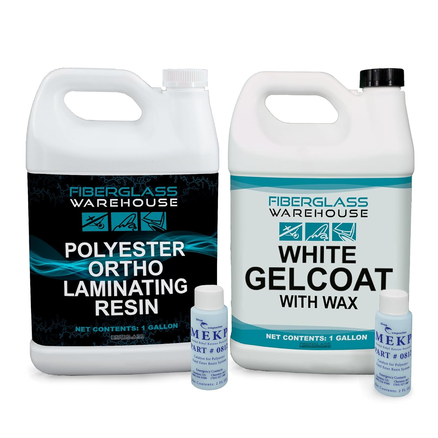 Fiberglass Warehouse Polyester Resin Gallon and White Gel Coat (with Wax) Gallon Kit- Includes Catalyst, Easy Application, Ideal for Fiberglass, Repairs, Deck and New Parts, Marine Grade