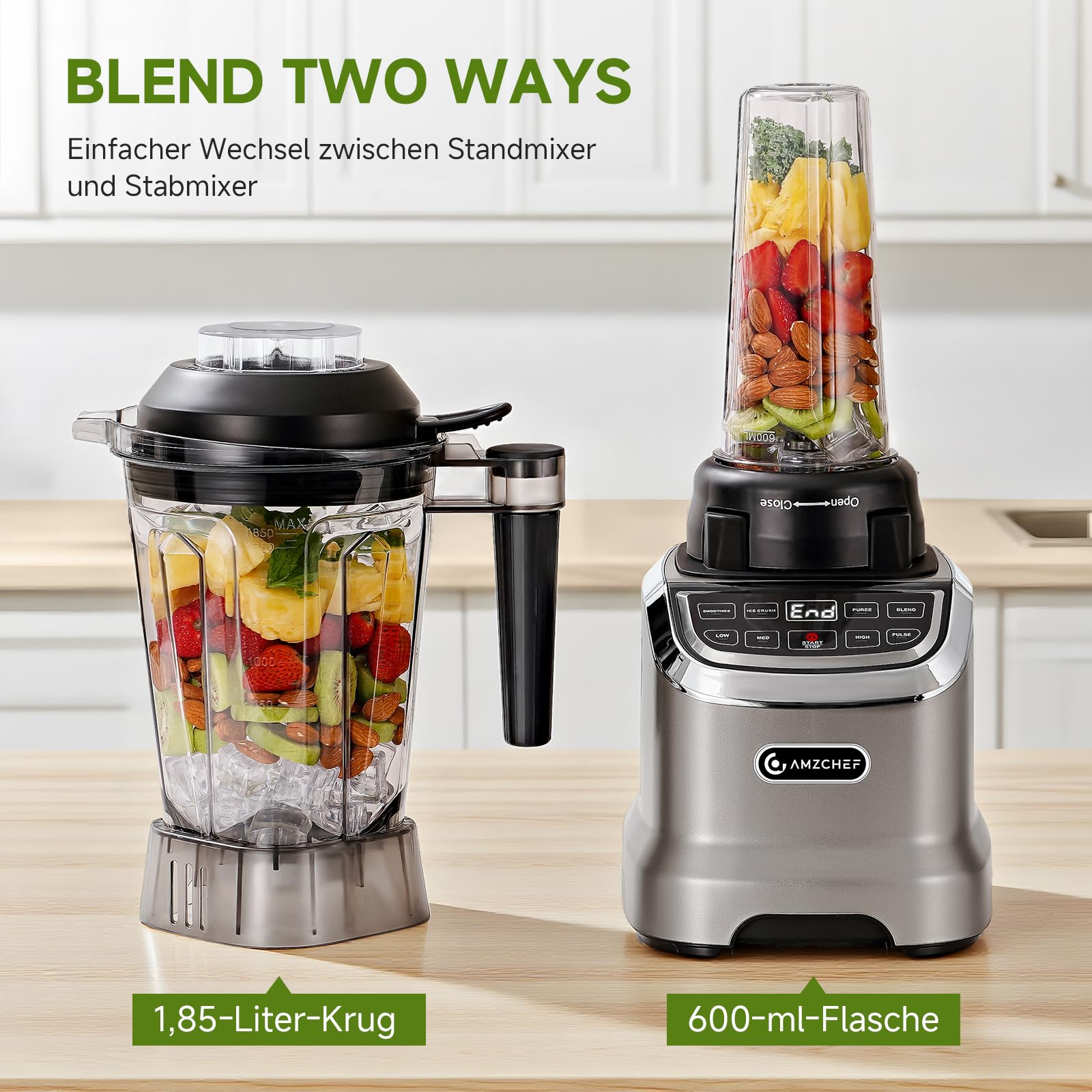 AMZCHEF 2-IN-1 Standmixer mit Zwei Mischbehälter - Blender mixer Hochleistungsmixer 1800 Watt - 1,85 Liter&600ML mixer Smoothie Maker mit 6 Klingen - Tragbarer 600ml Bullet Mixer mit Deckel - Grau