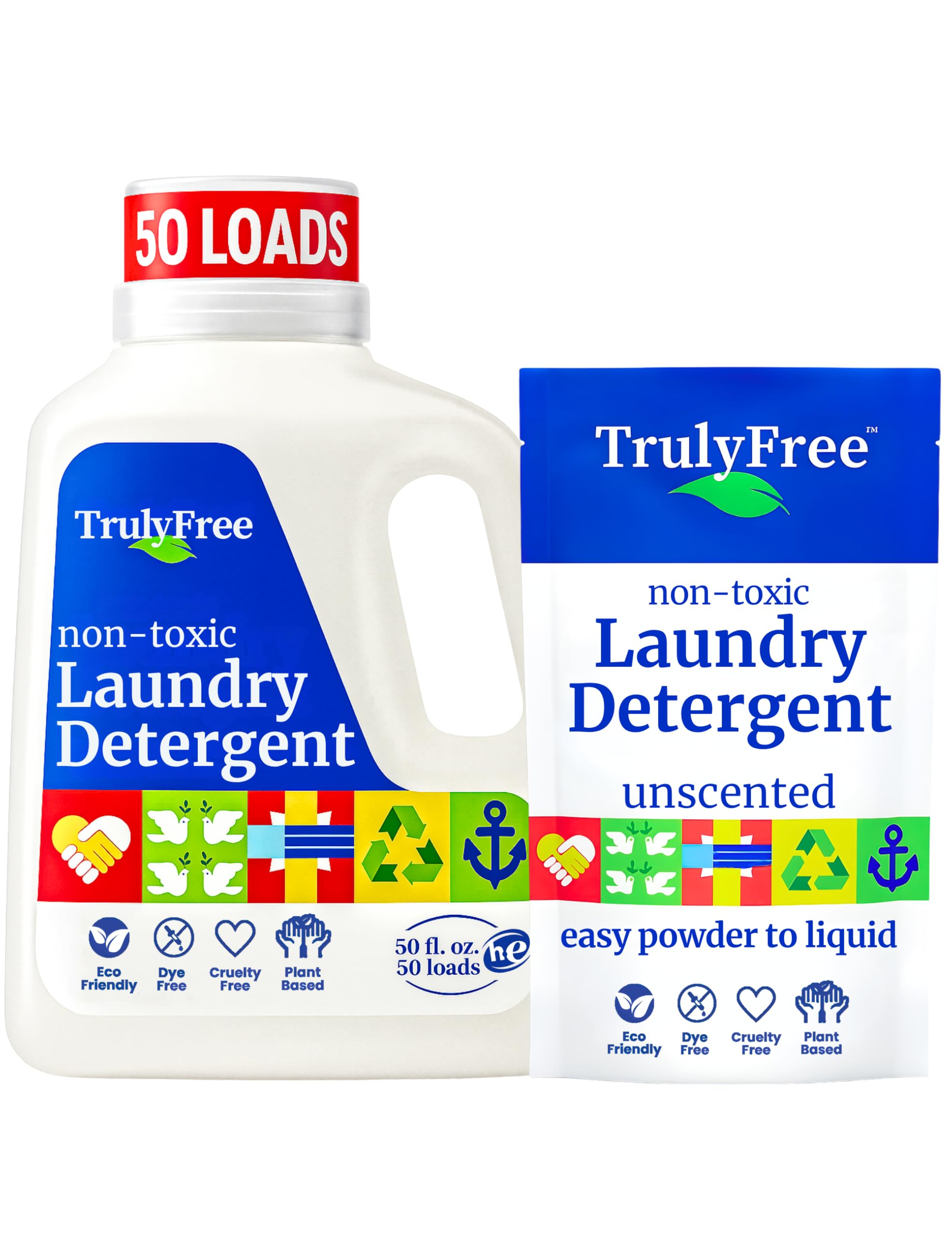 Truly Free Laundry Wash Detergent for Sensitive Skin, Gentle & Safe for Baby Clothes | Plant-Based, Natural Ingredients | Unscented | Include 1 Refillable Bottle (50 Loads)