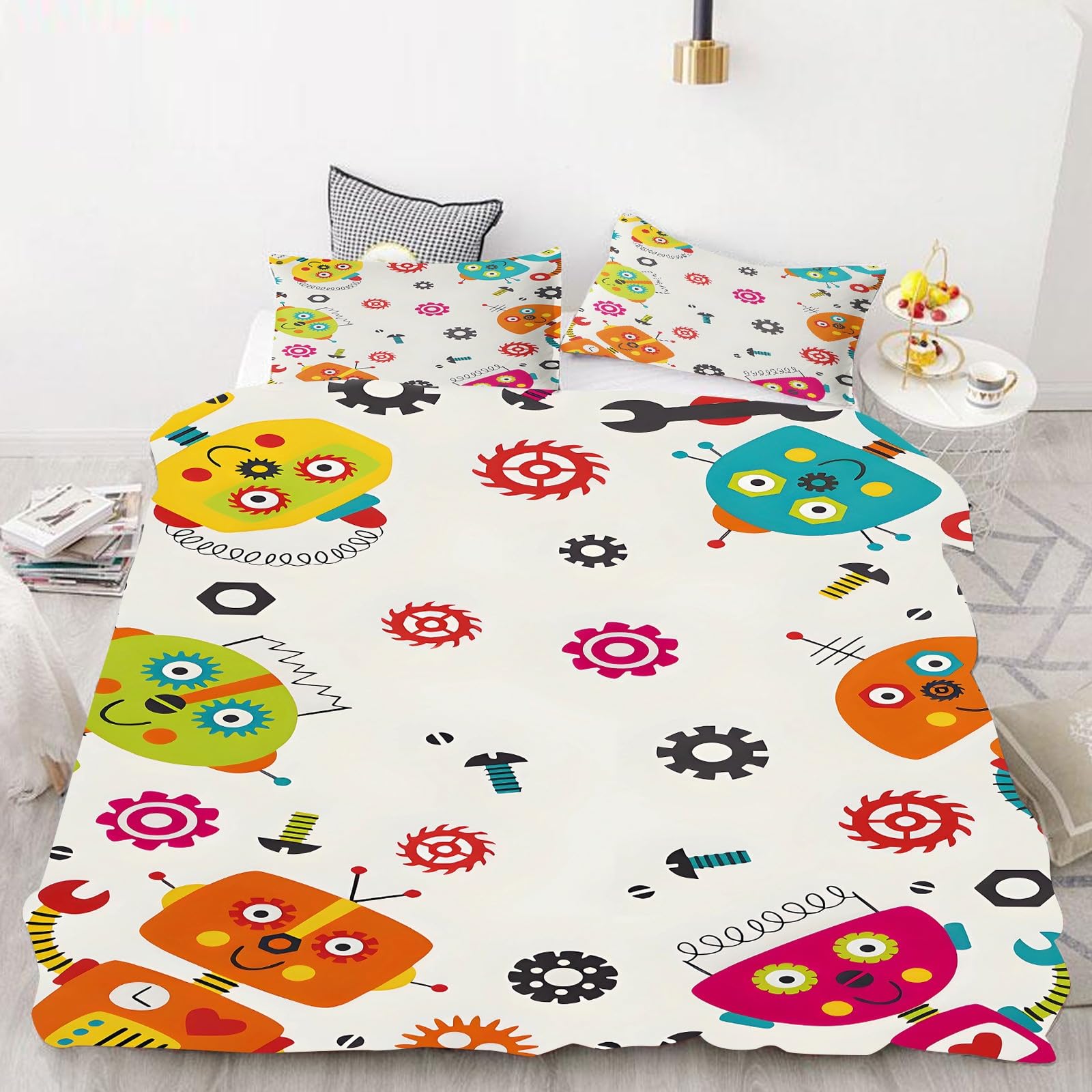 Fgolphd Robot Bedding Set, Cartoon Mechanical Gear Duvet Cover Set with Pillowcases, Soft Microfiber Quilt Cover for Boys Girls Bedroom Double