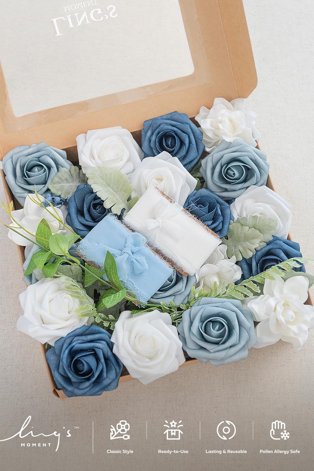 Ling's Moment Juego de flores artificiales de boda para ramos de bricolaje, centros de mesa, arreglos florales (azul polvoriento)