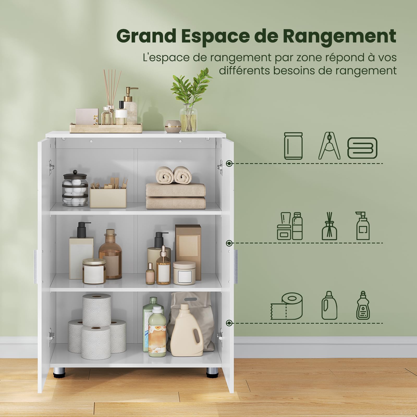 EUGAD Meuble Salle de Bain Placard sur Pied, Armoire d’Entrée avec 2 Portes, Étagères Réglables, 3 Compartiments en MDF Blanc