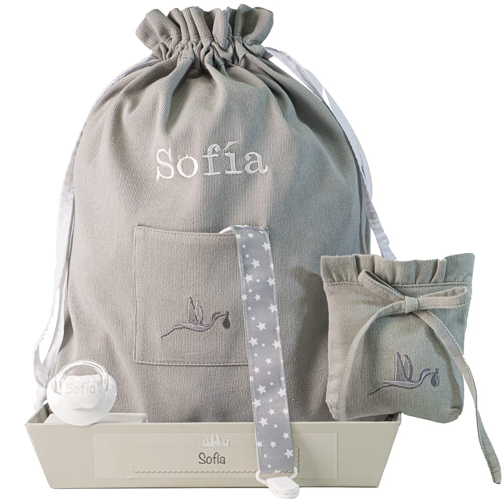 Geschenkset zur Geburt. Praktischer und unisex Geschenkkorb für Neugeborene: Schnuller-Set, personalisierbar, Schnuller-Hülle und Kindergarten-Tasche. Größe von 3 bis 6 Monaten | BebeDeParis
