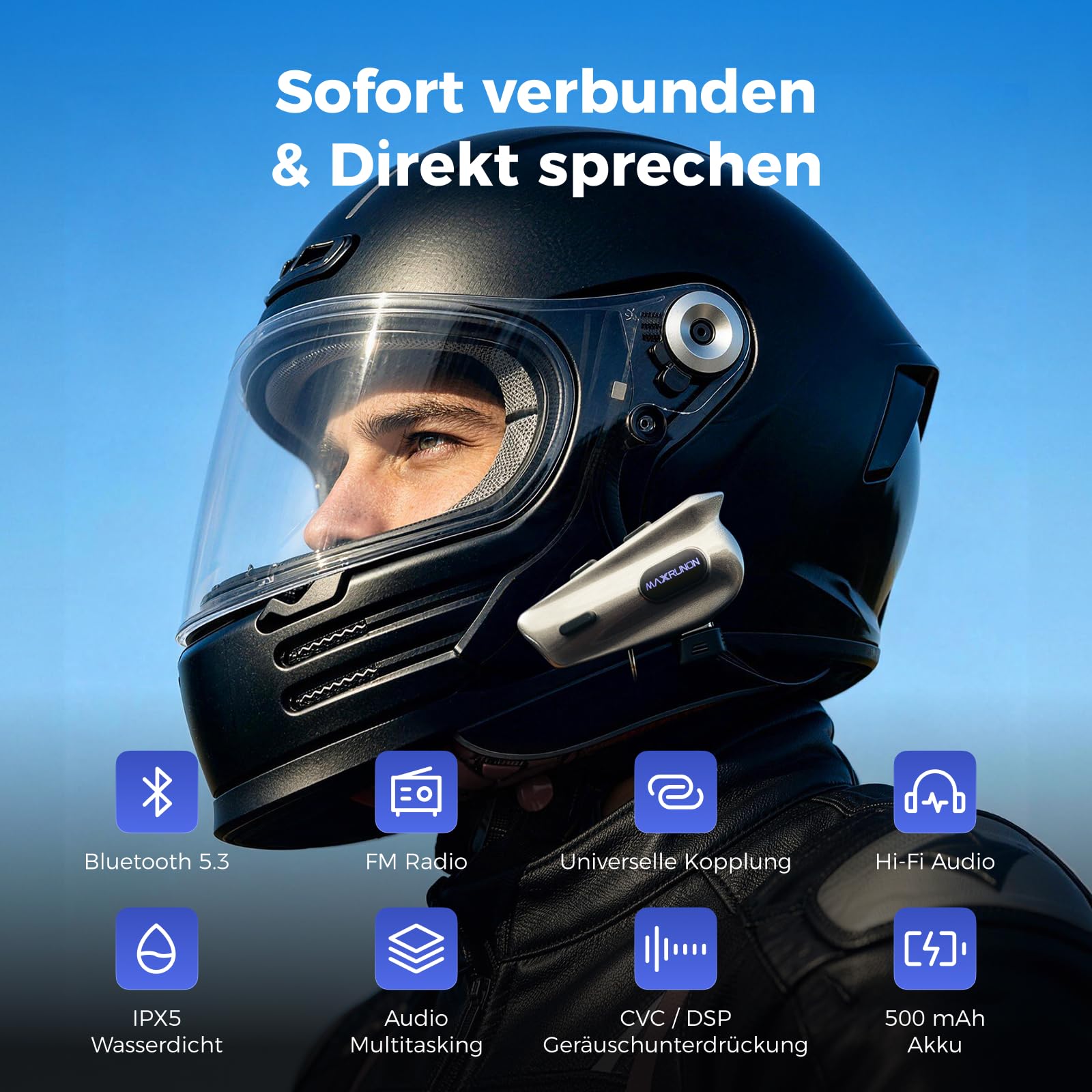 2Y Motorrad Bluetooth Headset, Helm Kommunikationssystem für 2 Personen, Reichweite bis zu 500 m, unterstützt Audio-Multitasking, IPX5 wasserdicht, Freisprecheinrichtung mit FM-Radio, 1 Pack
