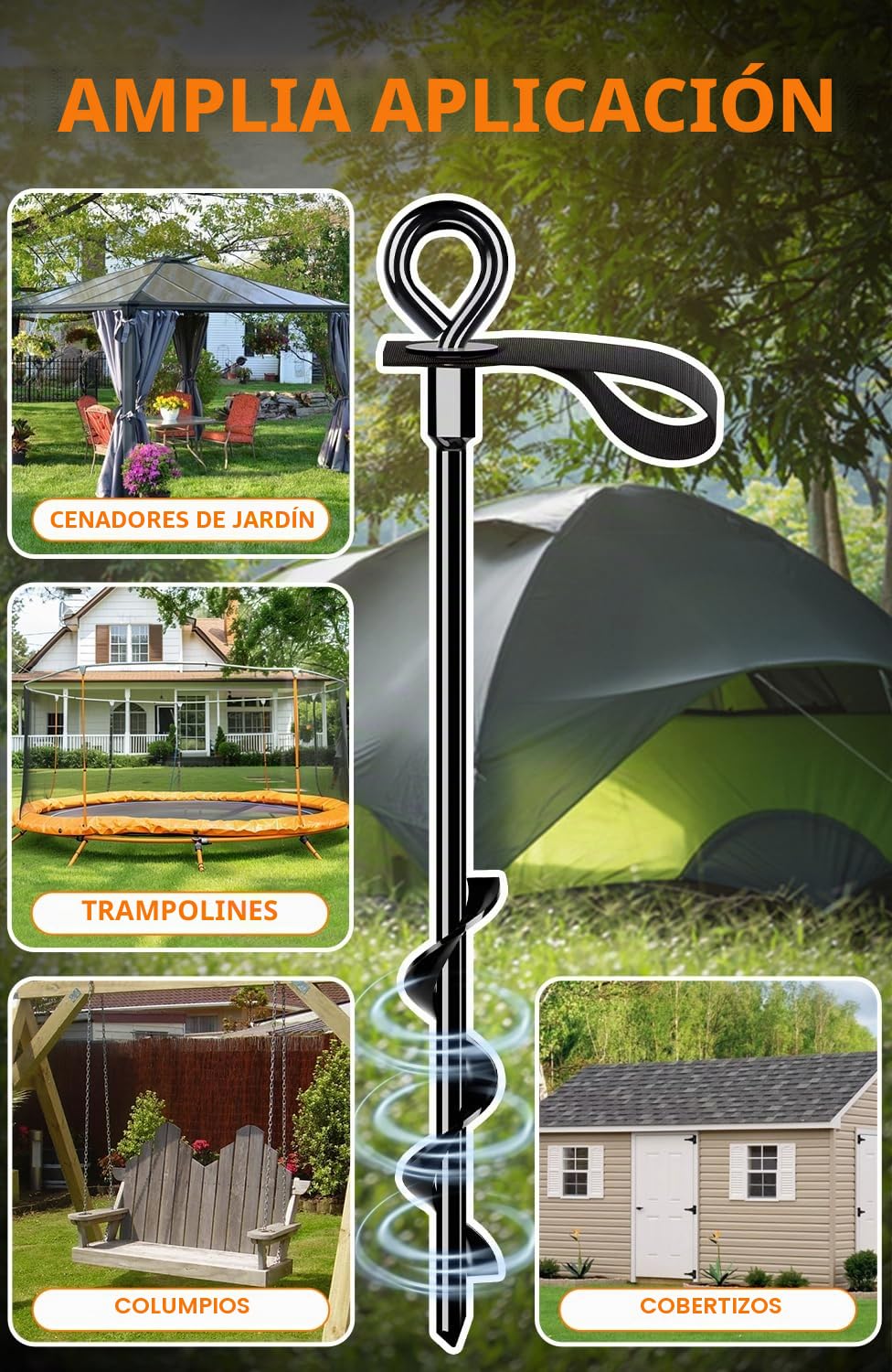 Juego de 4 anclajes para suelo, para tienda de campaña con correas, anclajes de tierra para atornillar | Para asegurar trampolines, tiendas de campaña, marquesinas, cobertizos, caravanas, etc