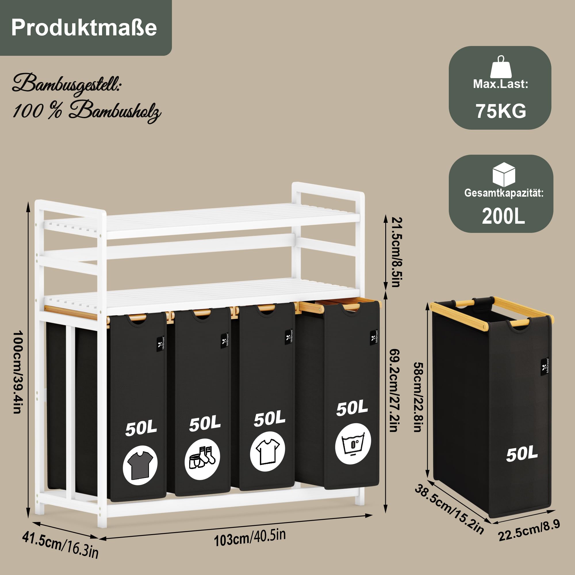 AdelDream - Cesto para la colada (200 L, 4 compartimentos, 2 estantes, bambú) | Clasificador de ropa sucia de 4 x 50 L, extensible, extraíble, doble estante, color blanco y negro