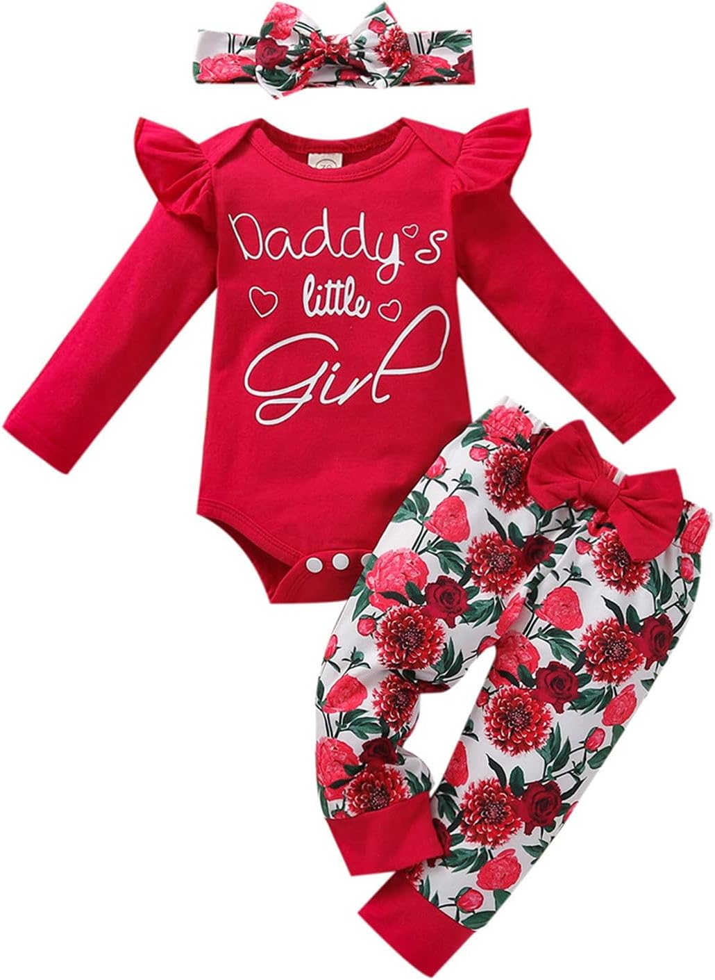 BiuBuy 0-18M Infant Baby Girl Clothing Print Outfits Romper+Print Pants+Headband (Red #11, 12-18 Months)