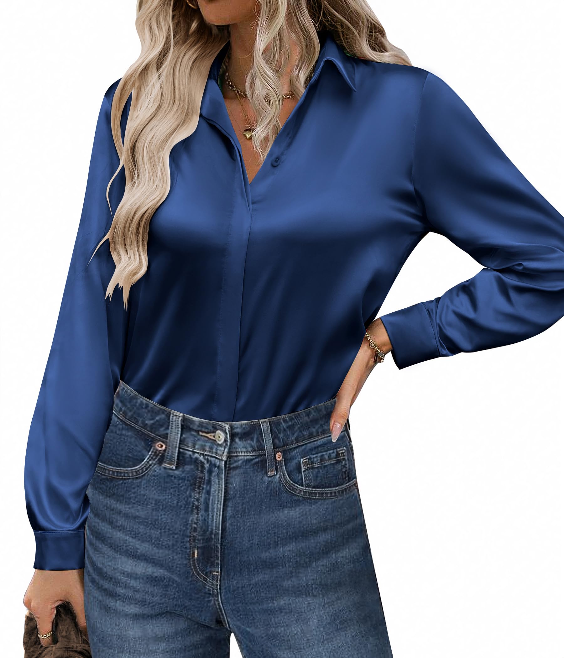 Zeagoo Satin Blouses for Women Casual Long Sleeve Button Down Silk Shirts Dressy Business Work Tunic Top