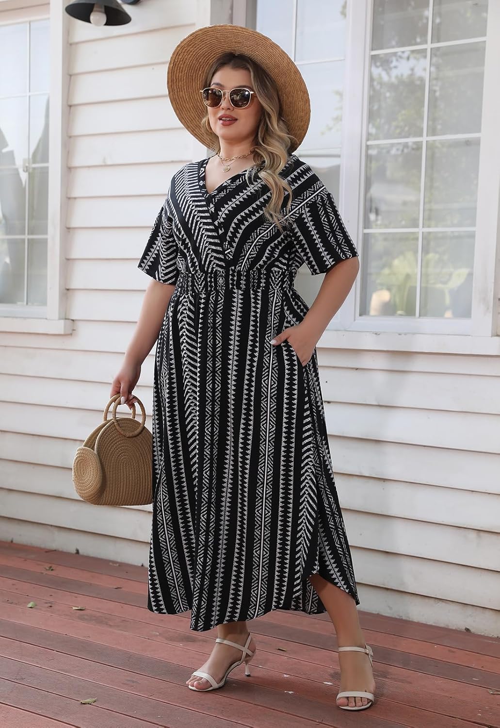 Nemidor Womens Casual Plus Size Summer Maxi Dresses Boho Print Flared Long Dress with Pocket 14-26 - Image 6