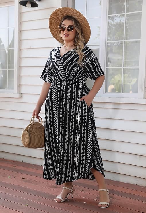 Nemidor Women Plus Size Casual Maxi Dress Boho Flared Pocket