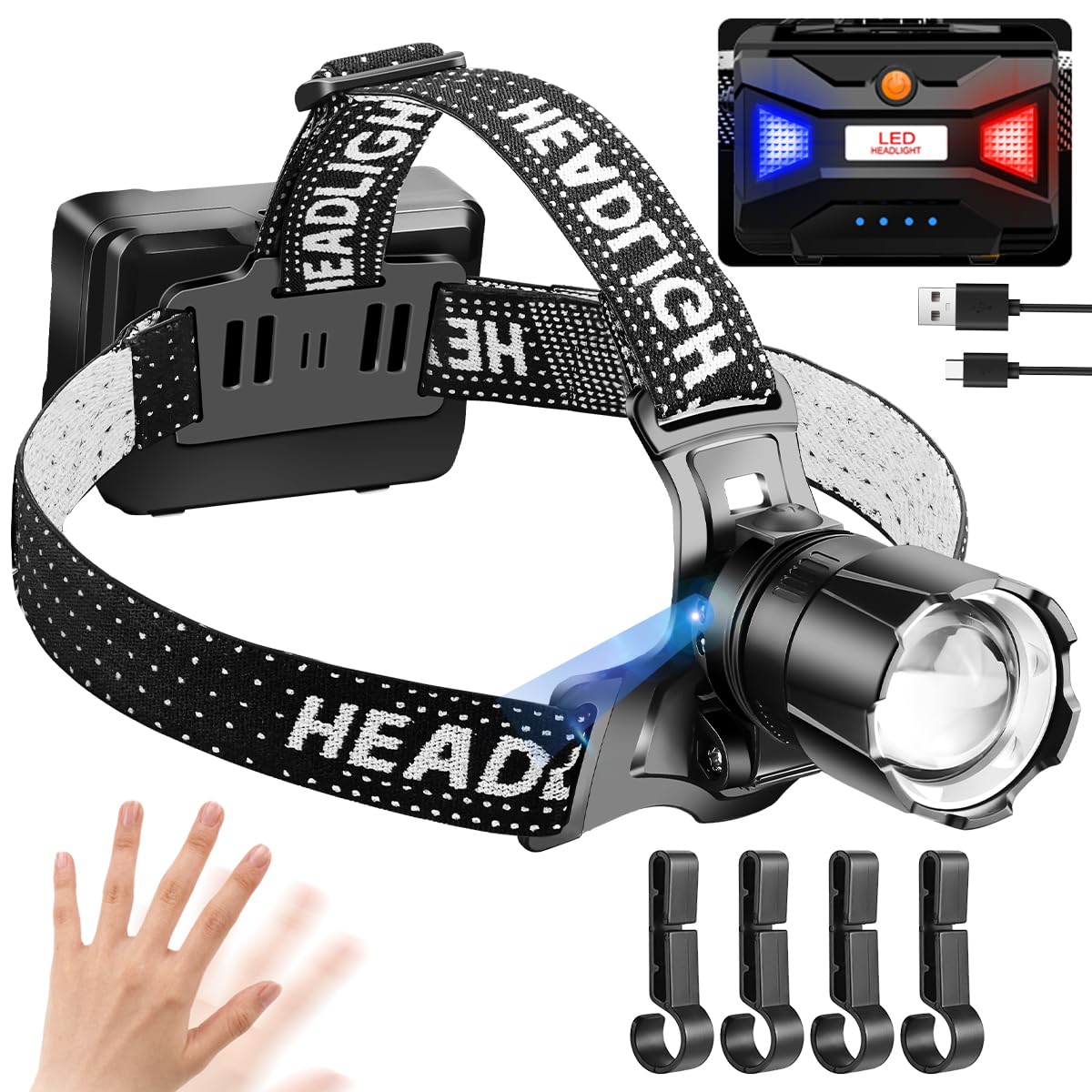 NAKCNM Linterna frontal LED recargable, linterna frontal brillante 20000 Lumen con sensor y luz roja, enfoque ajustable 3 modos de luz impermeable 90° ajustable para footing camping pesca