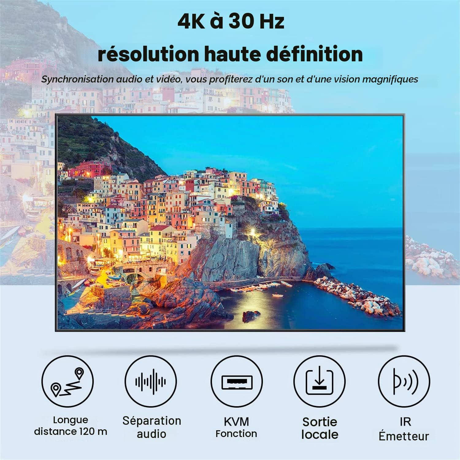 KVM EXTENDER 4K 120M Récepteur KVM HDMI 4K sur câble Ethernet Cat5e/6 120 m HDMI USB Extender Vidéo Audio Récepteur Prise en charge Clavier Souris Bouton-poussoir Noir ON-OFF