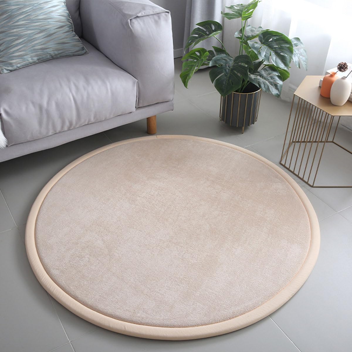 Dmkjdzsw Round Play Mat Carpet for Children Kids Room, Coral Velvet Crawling Mat for Nursery Baby, Thick 2cm- beige-∅130cm