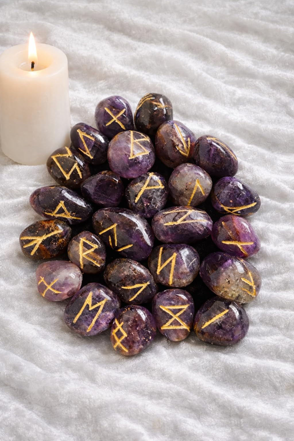 White Whale Amethyst Rune Stones Tumbled Engraved Lettering Crystal Set Healing Chakra Reiki with Gift Pouch