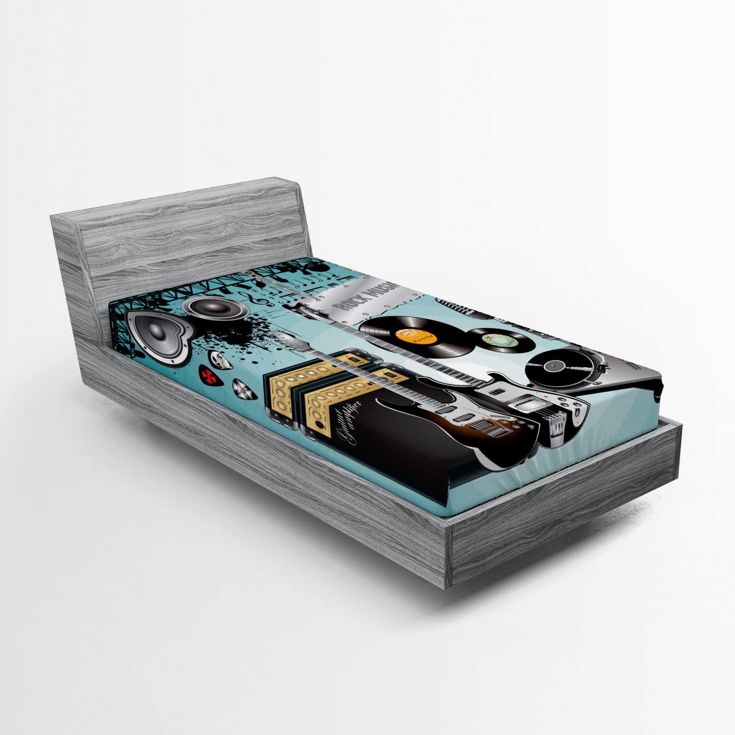 Ambesonne Rock Music 2 Pack Fitted Sheet, Records Speakers, Bed Cover All-Round Elastic Deep Pockets 2 Pieces, Package Contains 2 Twin Size Fitted Sheets, Grey