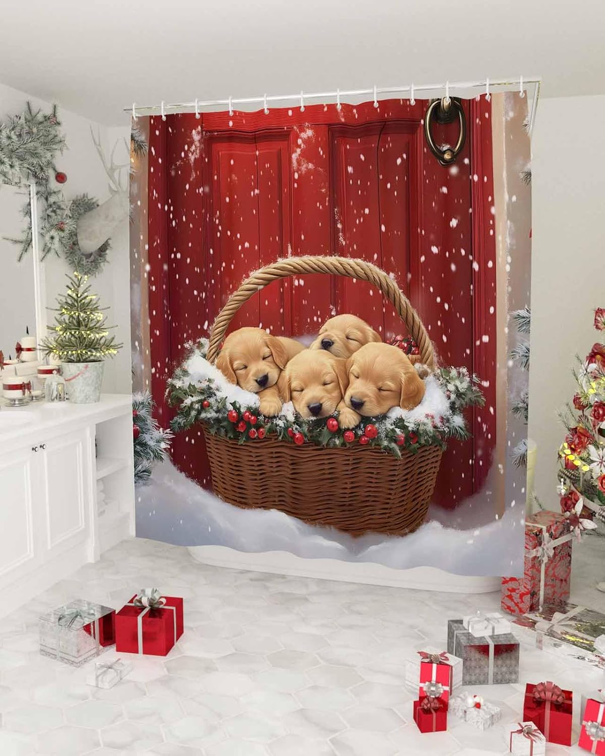 Christmas Pet Dog Golden Retriever Shower Curtain, Winter Snow Doorway Red Waterproof Shower Curtain Set with Hooks for Bathroom Showers,Stalls and Bathtubs,48x72In