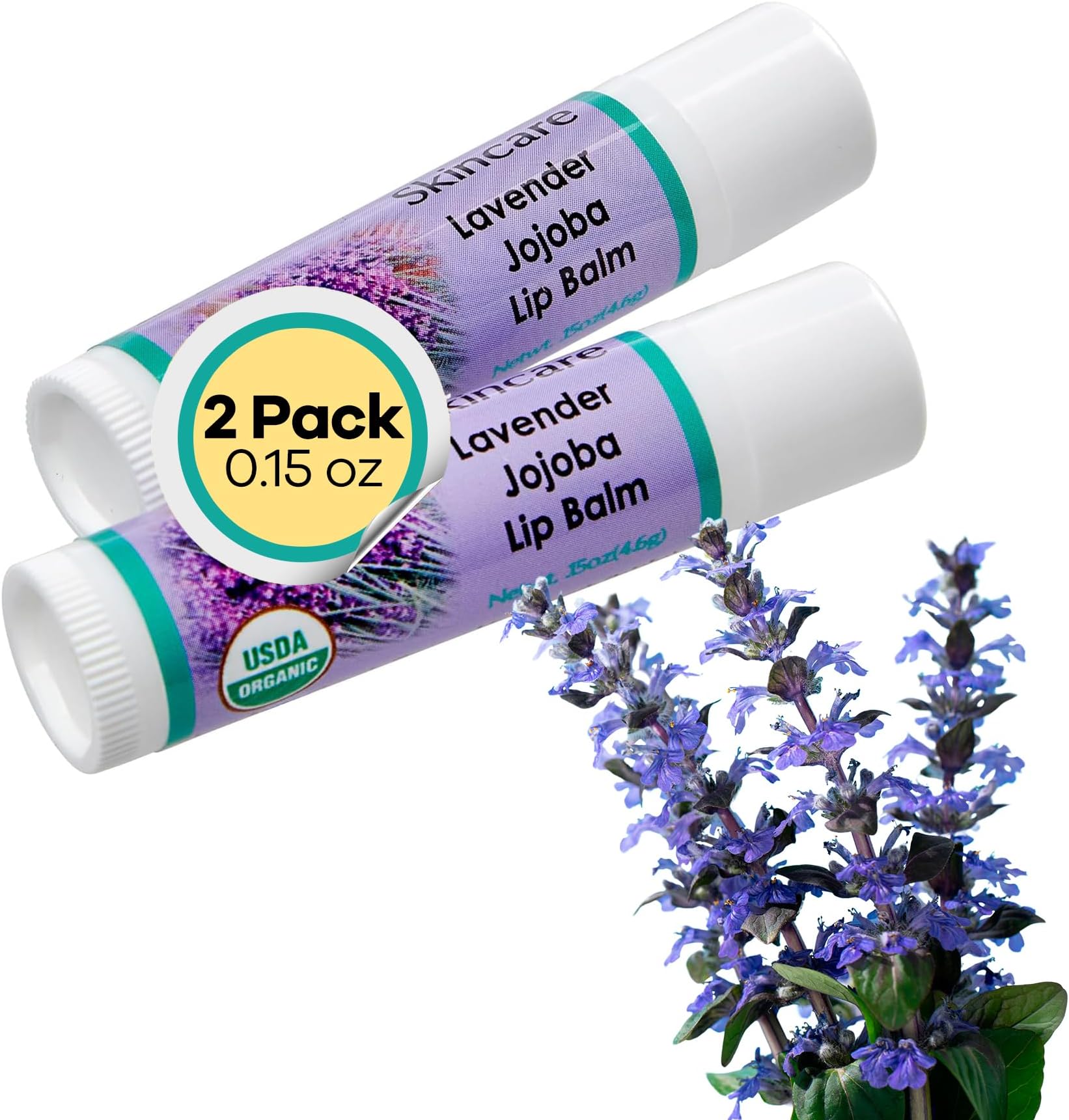 | USDA Organic Lavender Lip Balm โ 70% Jojoba Oil with Beeswax โ Natural Lavender Essential Oil โ Softens, Conditions & Helps Protect Dry Lips โ 2-Pack (0.15 oz / 4.6 g Each)