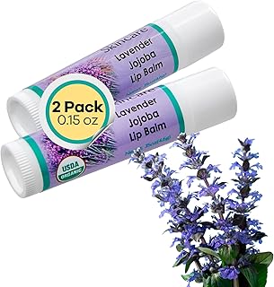 2-Pack Organic Lavender Lip Balm -USDA Certified Organic. 70% Jojoba Oil, Beeswax, Soothes and Softens Dry, Cracked, and Sensitive Lips, Natural Lavender Scent No Taste, 0.15 oz/4.6 gm