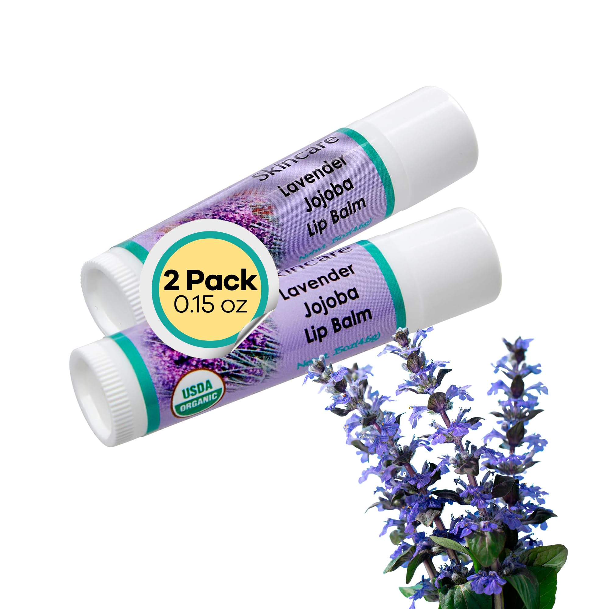 | USDA Organic Lavender Lip Balm – 70% Jojoba Oil with Beeswax – Natural Lavender Essential Oil – Softens, Conditions & Protects Dry Lips – 2-Pack (0.15 oz / 4.6 g Each)