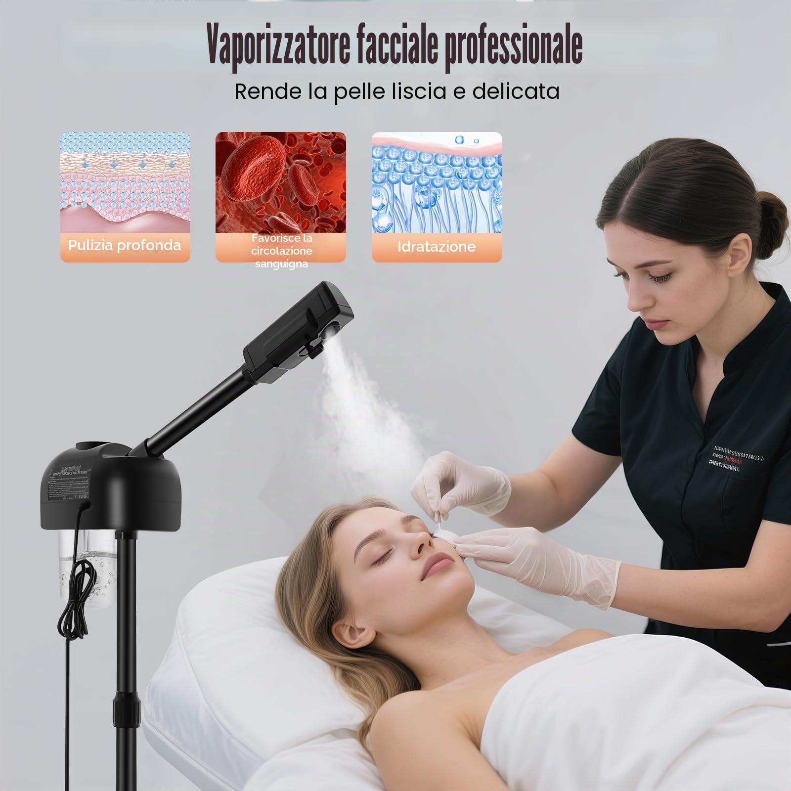 Dispositivo a vapore per viso, spray cosmetico con ozono e timer, schermo LCD e scaldabagno rapido, cura idratante e purificante della pelle, per salone di bellezza e uso domestico