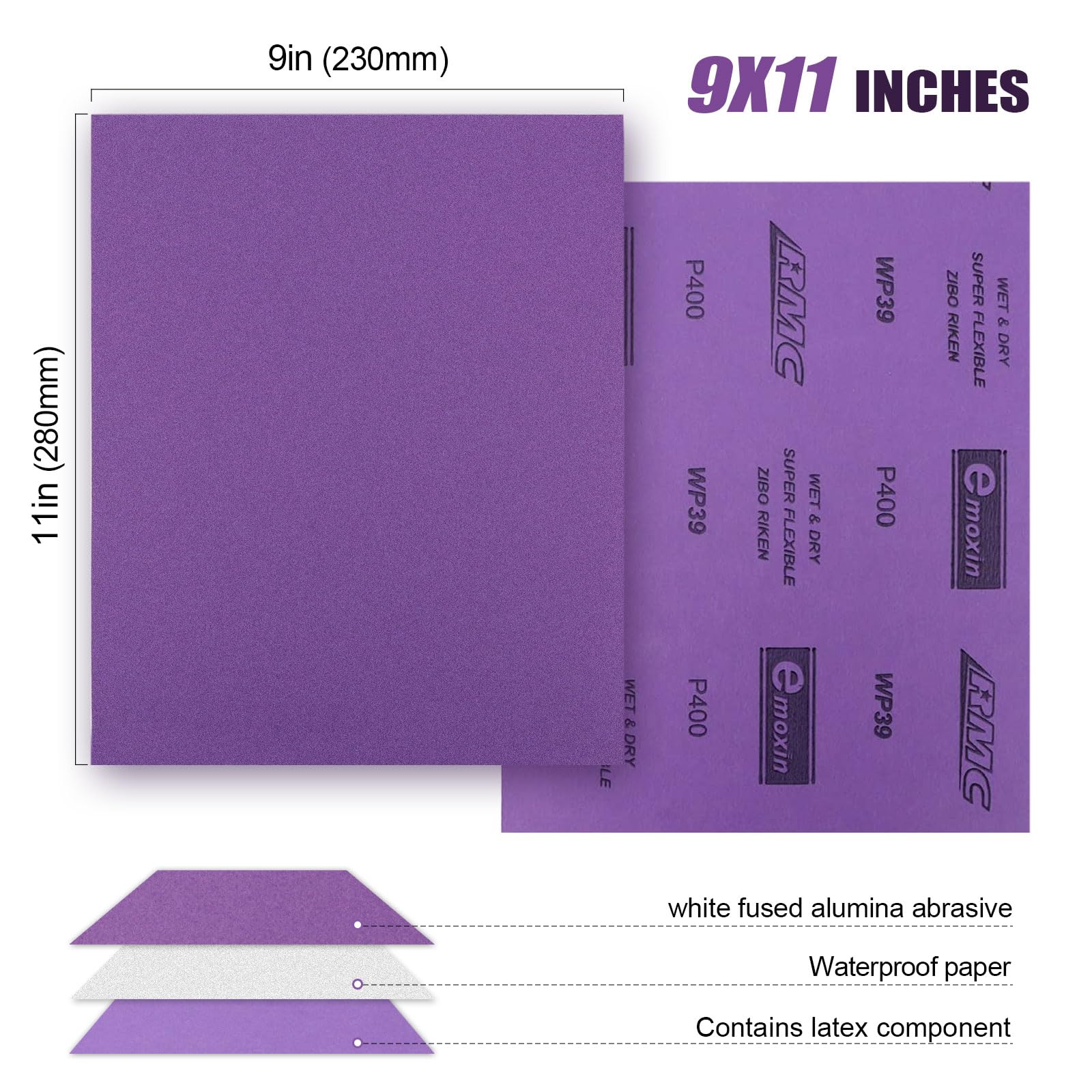 POLIWELL 400 Grit Sandpaper, 20-Pack 9" x 11" Wet/Dry Purple Alumina Abrasive Sheets for Wood Metal, Drywall, Resin - Image 3