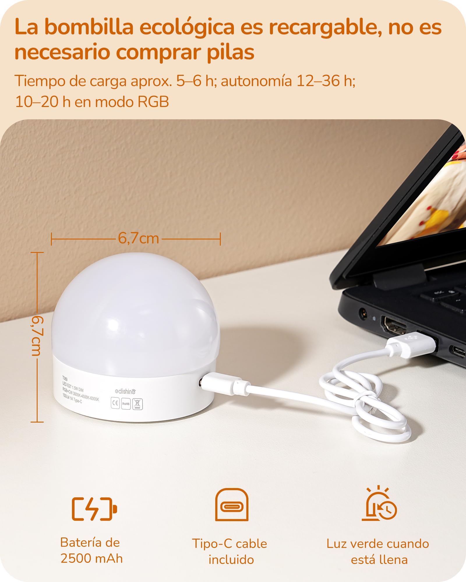 EDISHINE Aplique de pared interior inalámbrico, 2 unidades, mando a distancia y E27 RGBW, bombilla regulable y recargable, 3000K-4500K-6000K, color blanco, base dorada para sala de estar,dorado