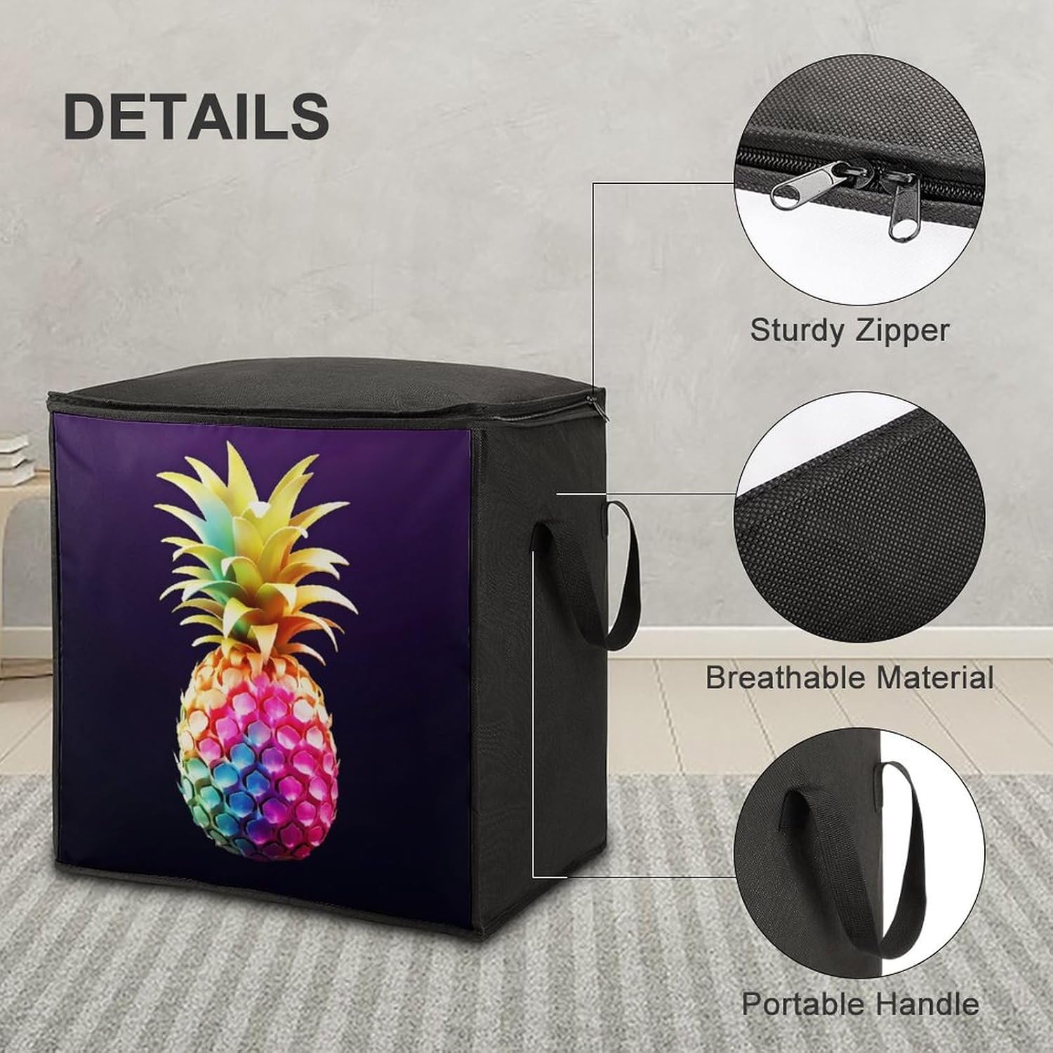 Quilt Storage Bag,Colorful Pineapple Printed Large Foldable Storage Container Portable Travel Storage Bag for Blankets, Quilts, Clothes, Comforter, Bedding And Pillows