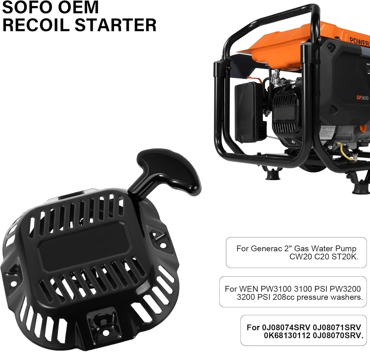 SOFO Pull Start Assembly for Generac 196cc 208cc 212cc Engine Recoil Starter GP3600 GP3250 GP3300 Generator Pull Cord Rope Replacement 208cc/212cc Black