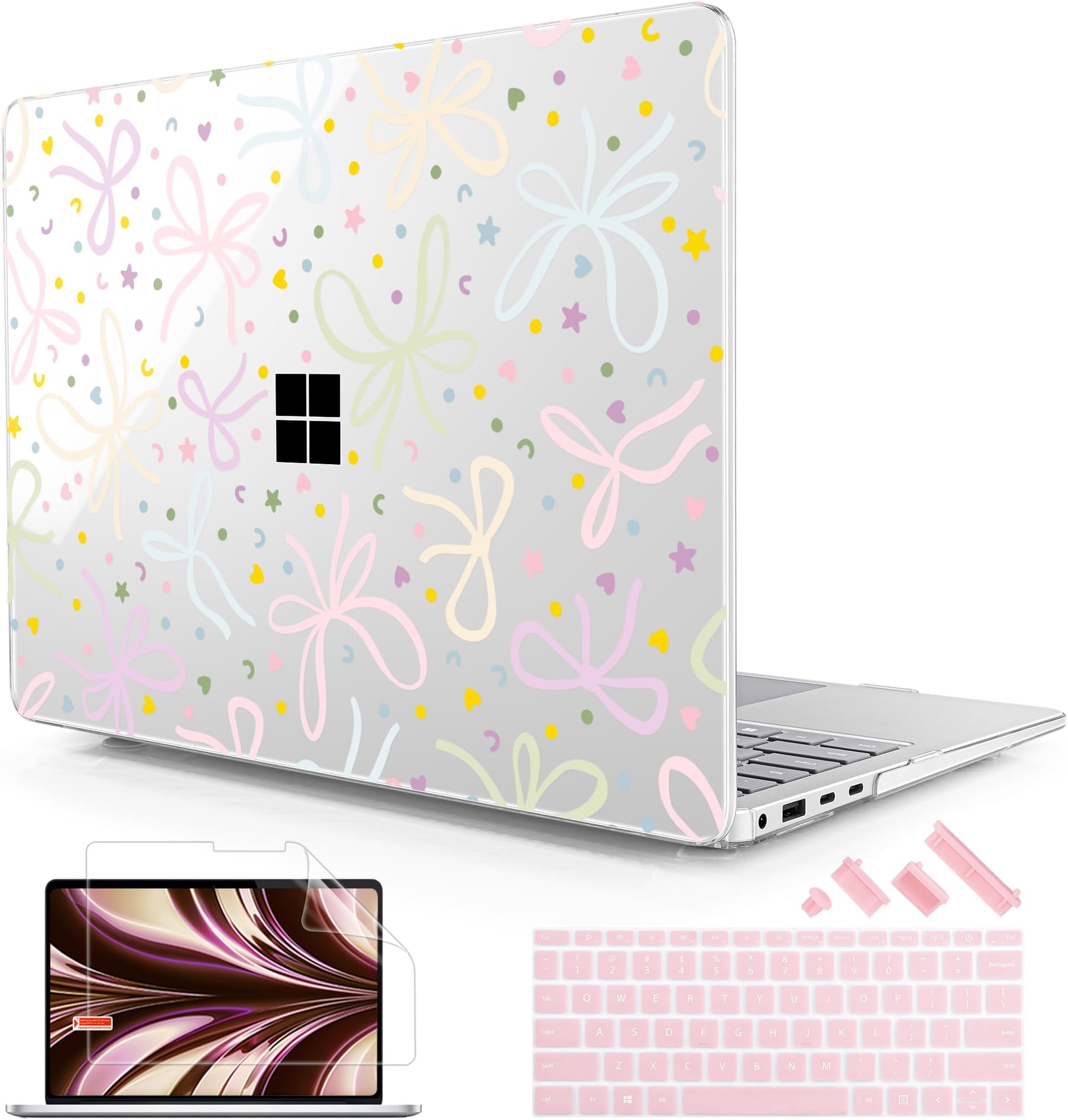 Case for 13.8" Microsoft Surface Laptop 7 13.8 Windows 11 PC 2024 (Model 2036), Hard Shell Cover with Keyboard Cover + Screen Protector + Dust Plug, Bow Knots